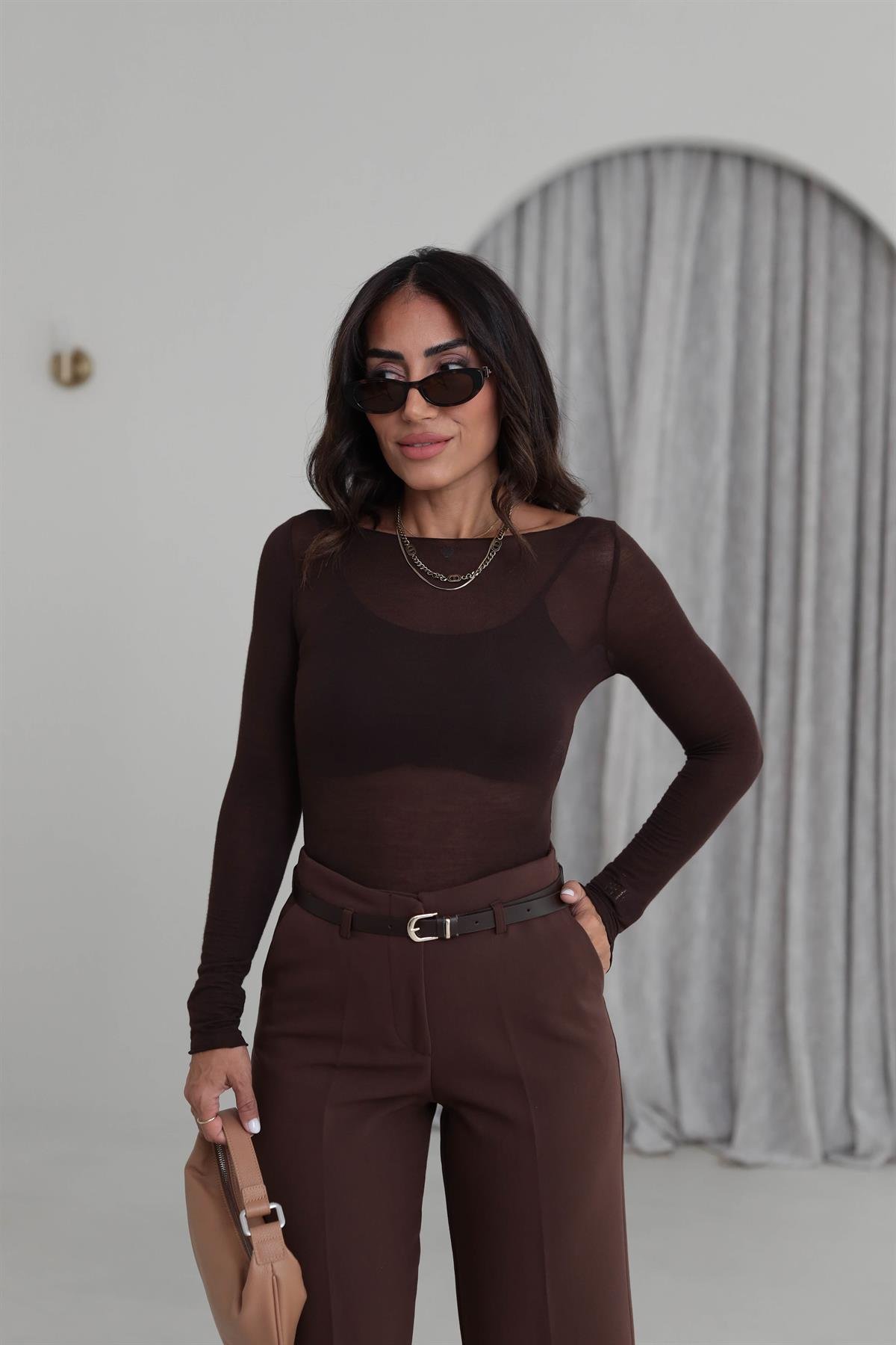 6641 Geniş Yaka Yumuşak Dokulu Bluz KAHVE