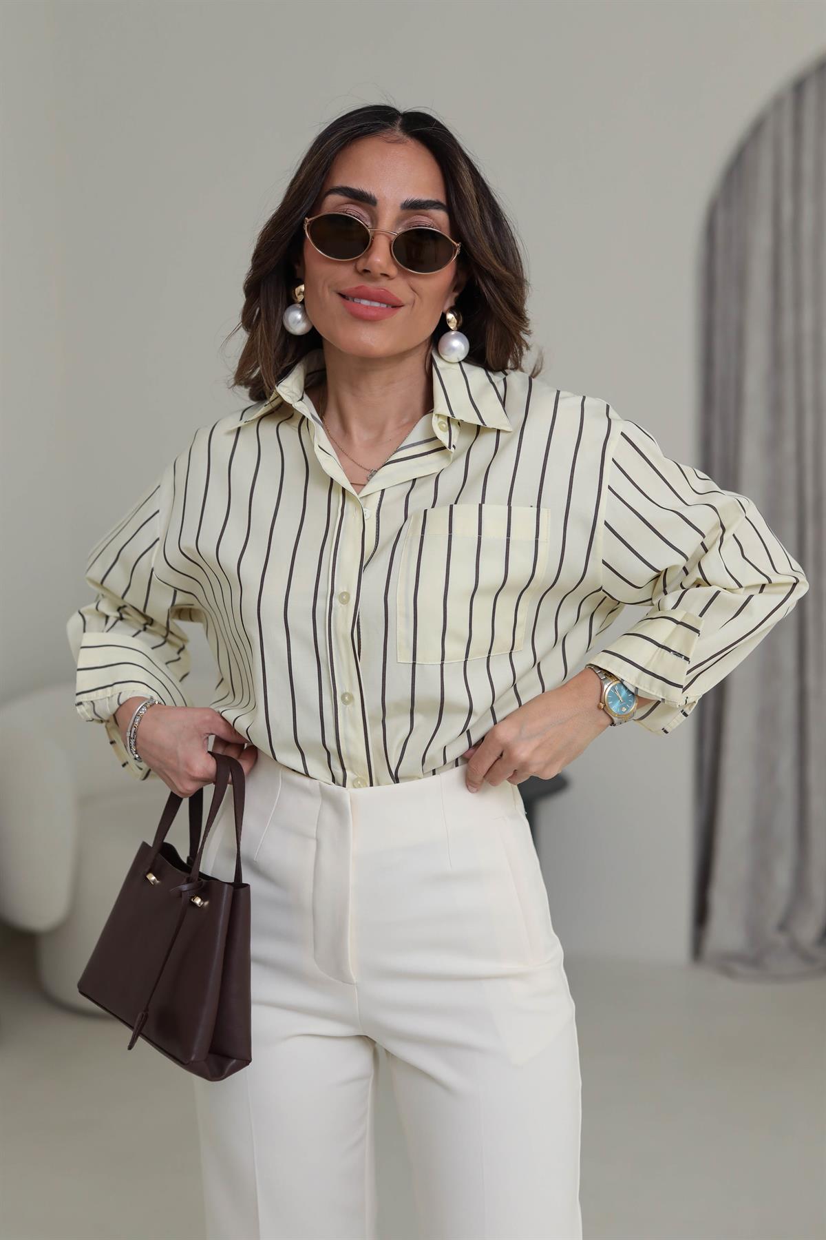 3142 Çizgili Cep Detaylı Poplin Gömlek SARI