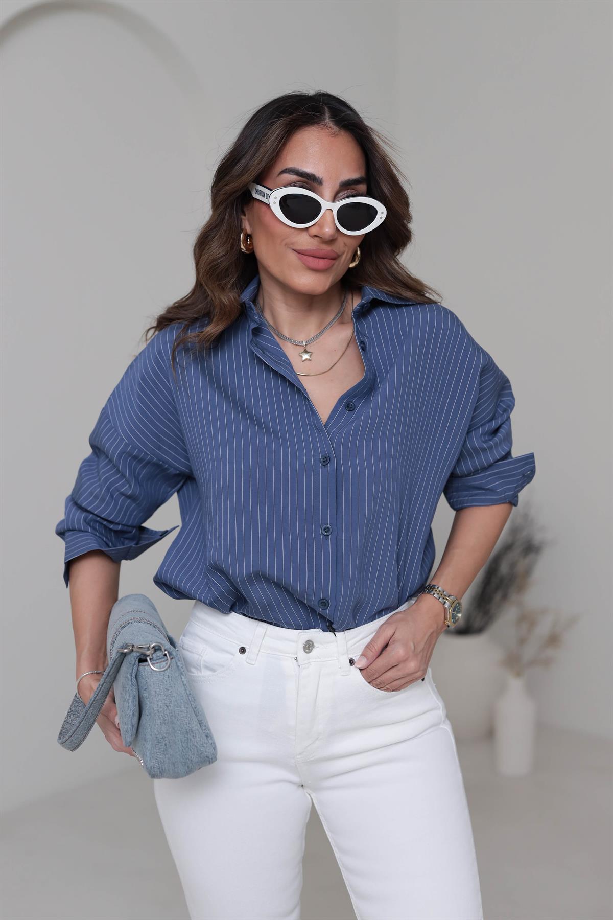 020 Çizgili Tencel Gömlek Indigo