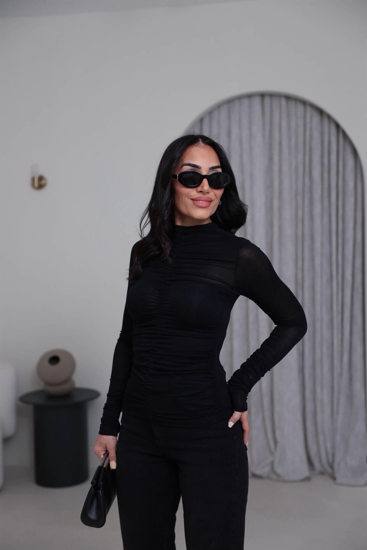 1036 Dik Yaka Drapeli Transparan Bluz SİYAH