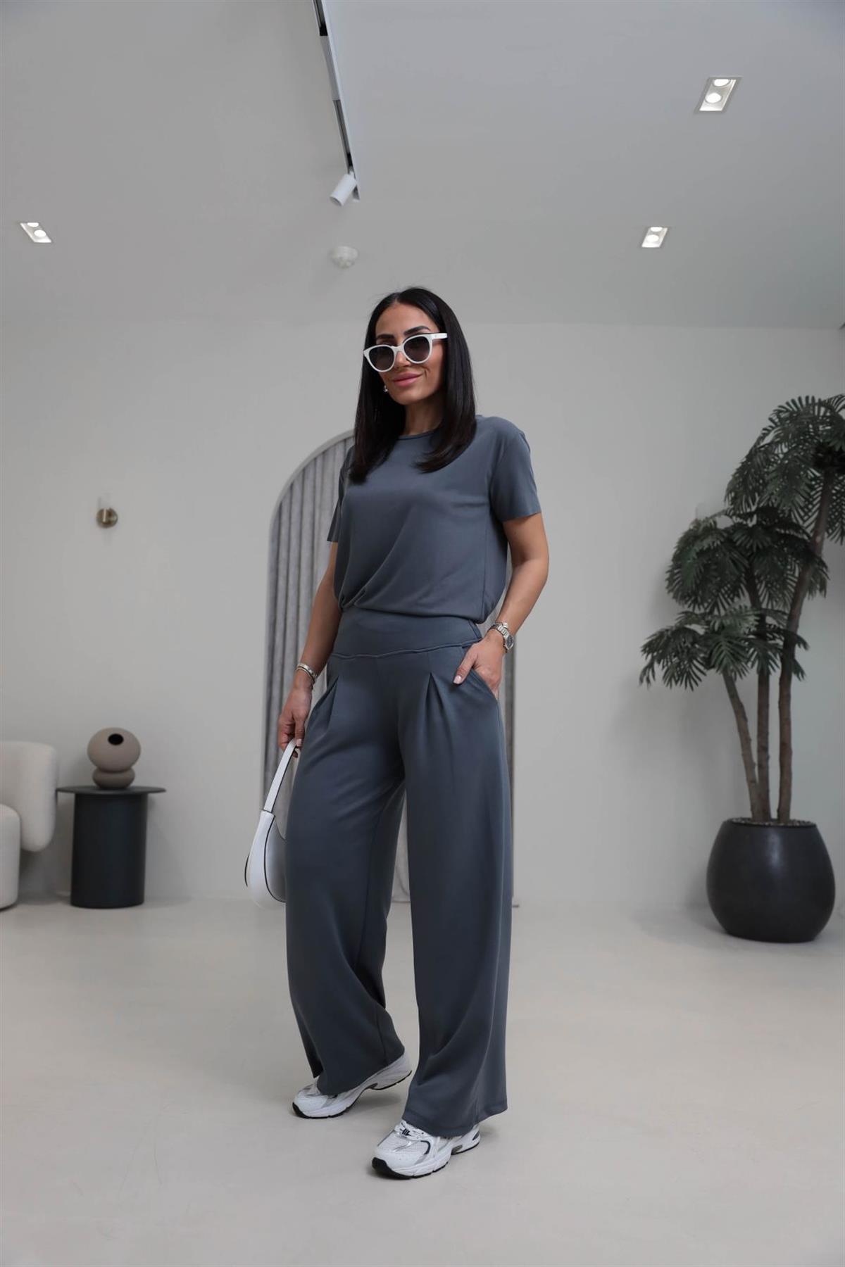 1202 Lulu Geniş Kemerli Piliseli Modal Pantolon ANTRASİT