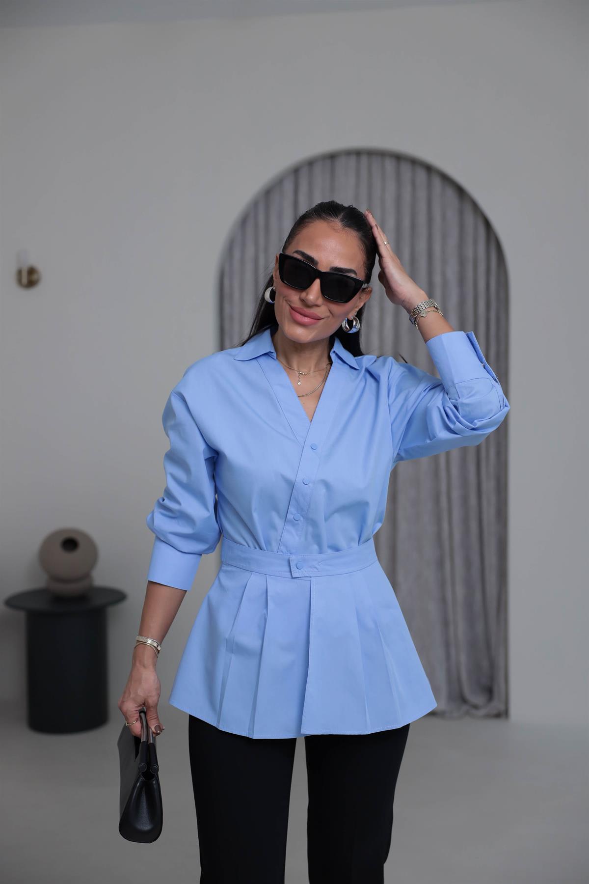 7066 Tasarım Poplin İkili Gömlek Takım MAVİ