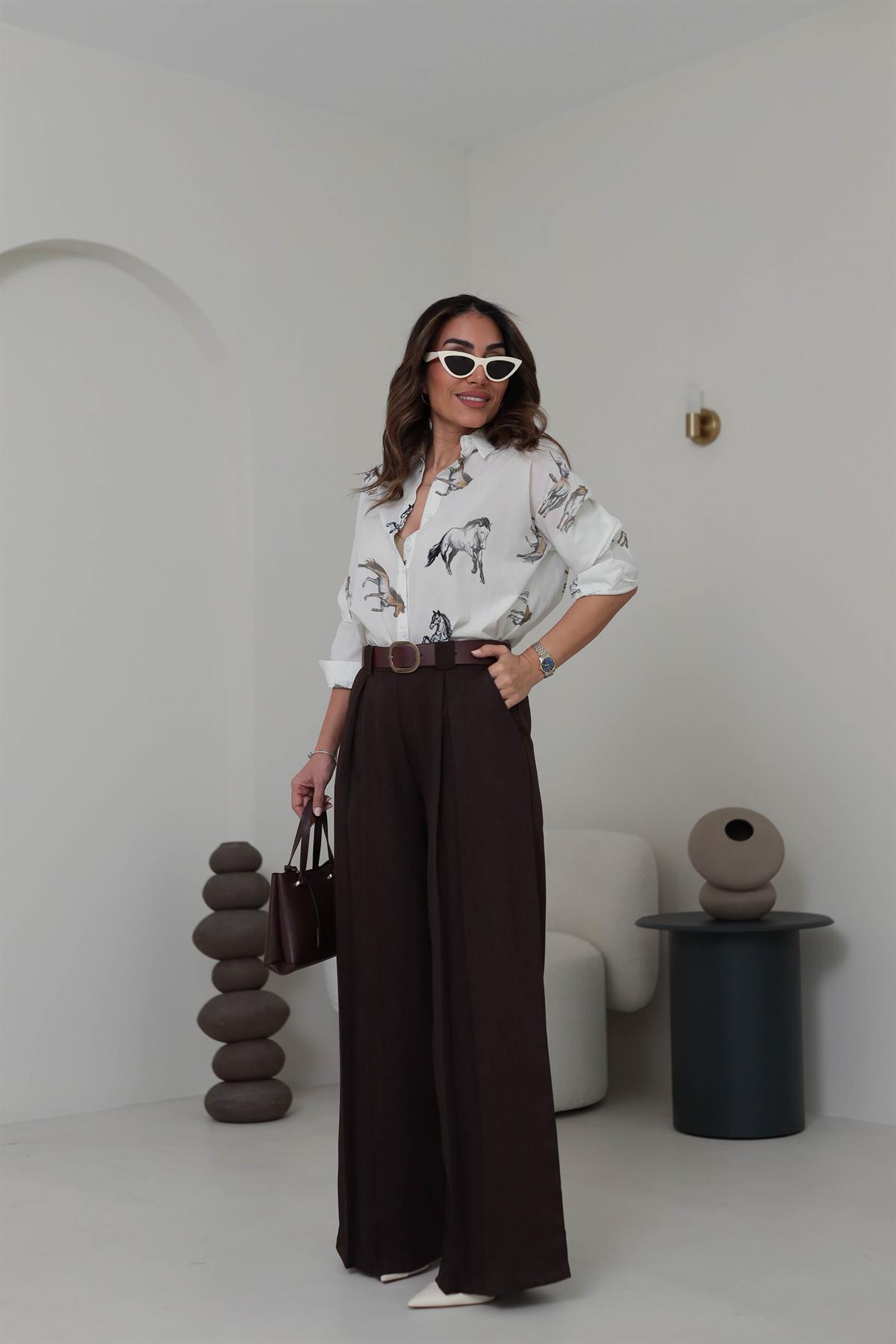 2569 Arka Bel Lastikli Kemerli Palazzo Pantolon ACI KAHVE