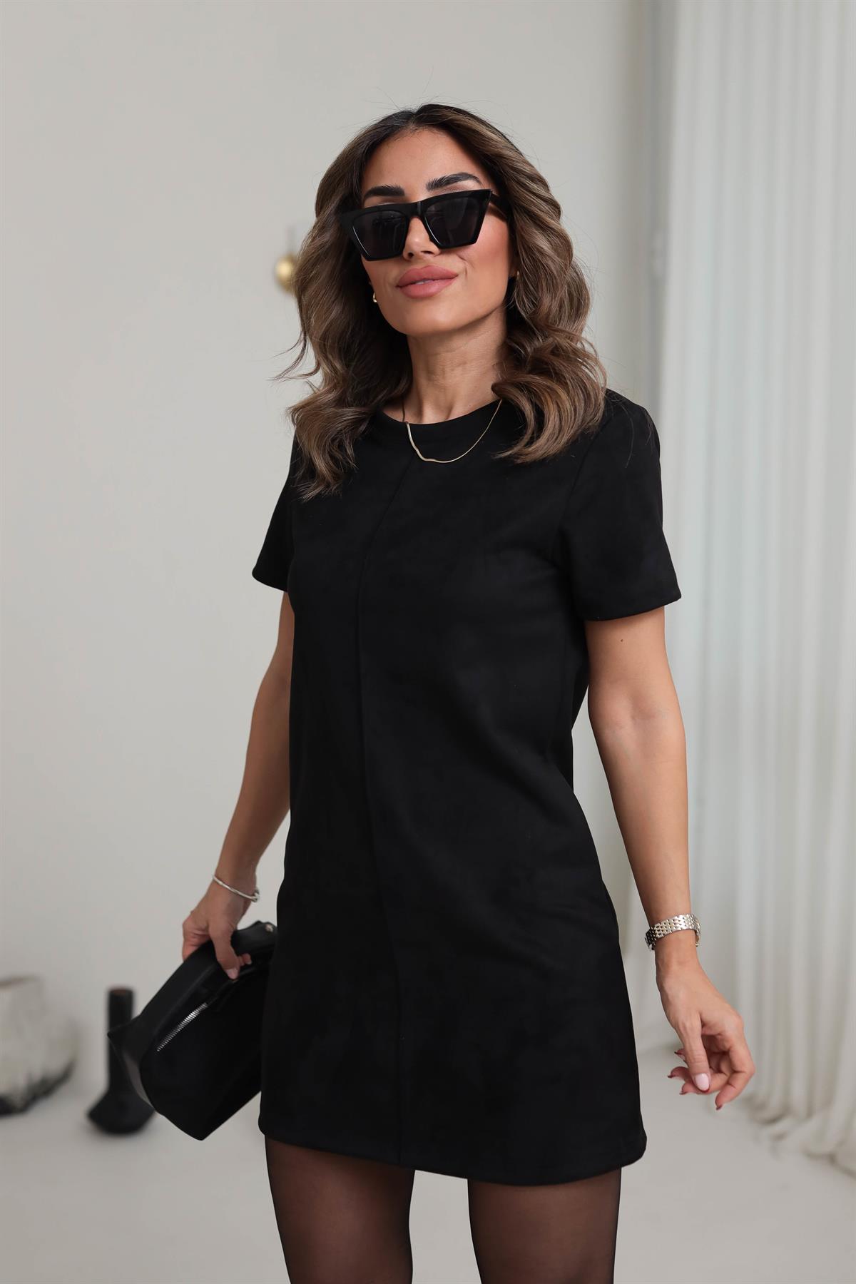 0196 Ön Dikiş Detay Süet Elbise SİYAH