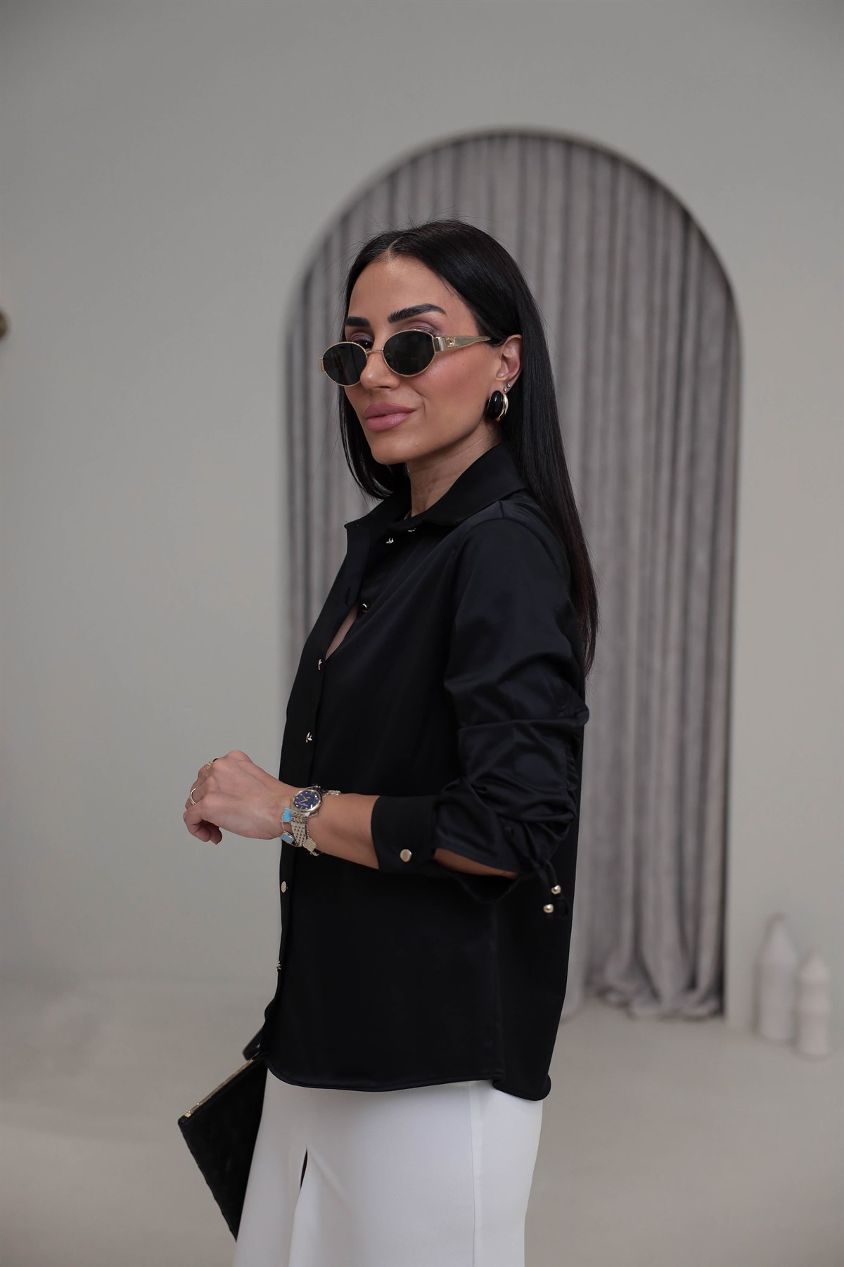 7543 Gold Düğme Detaylı Gömlek SİYAH