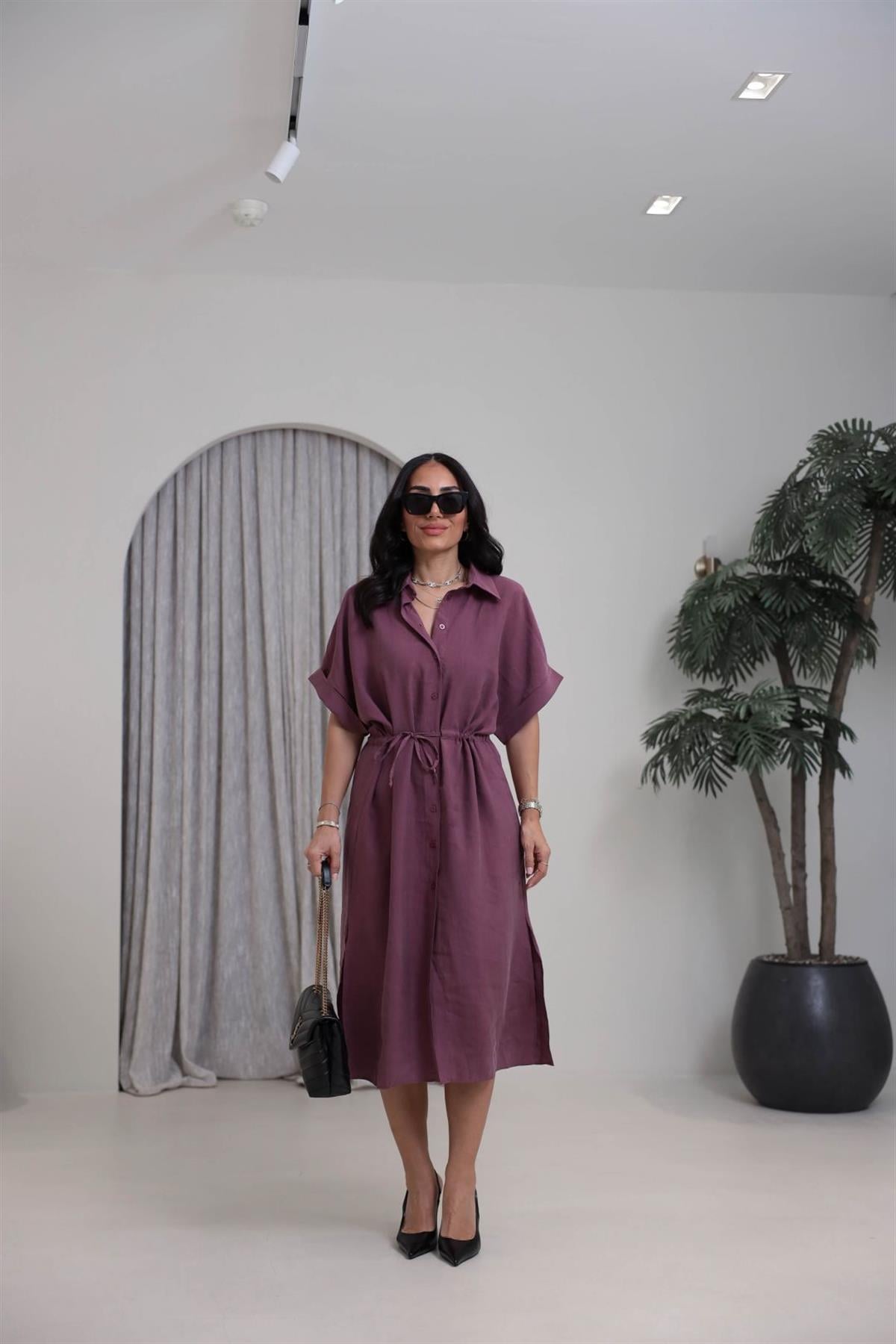1003 Massi Tencel Gömlek Elbise BORDO