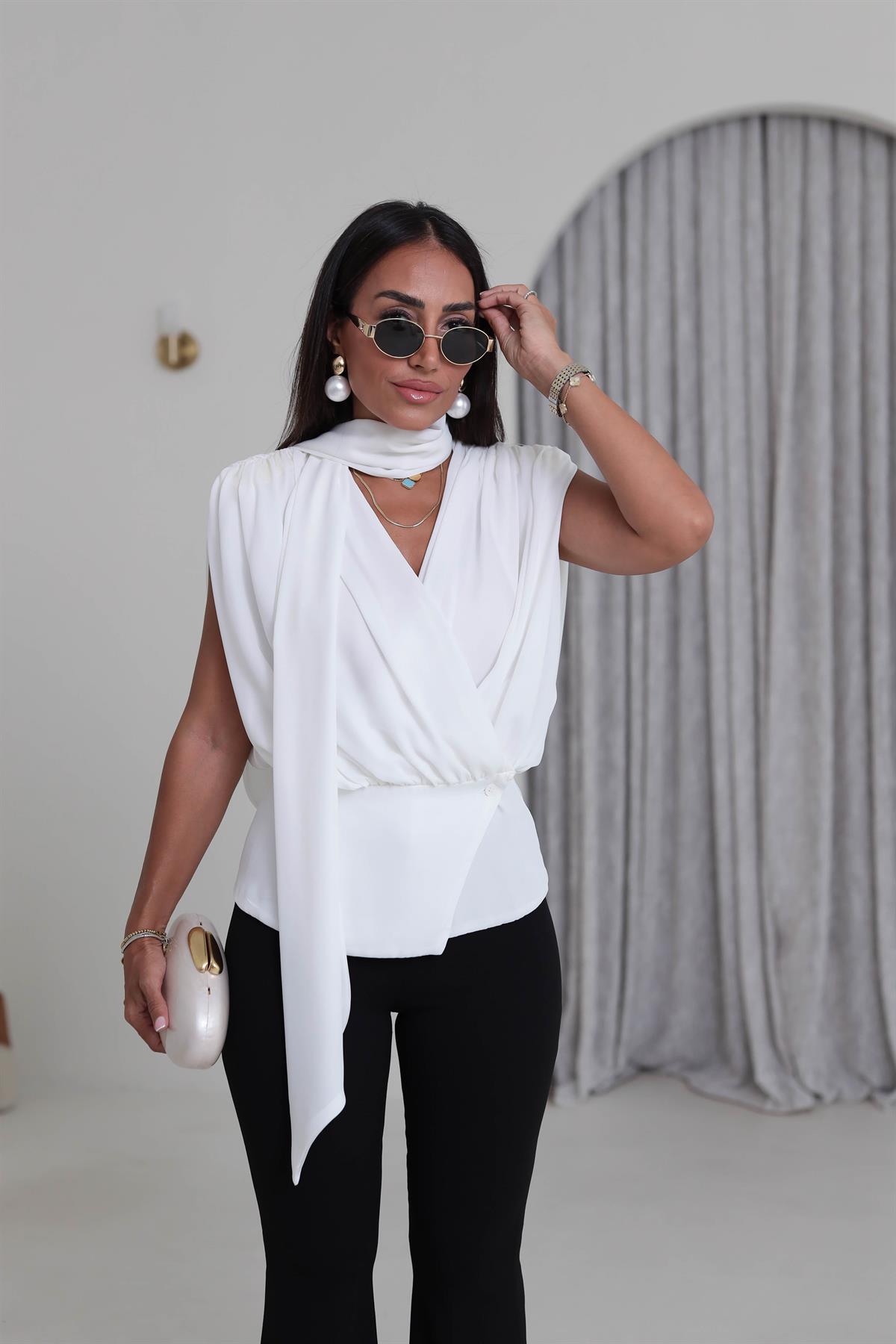 6197 Vatkalı Şal Detaylı Bluz EKRU