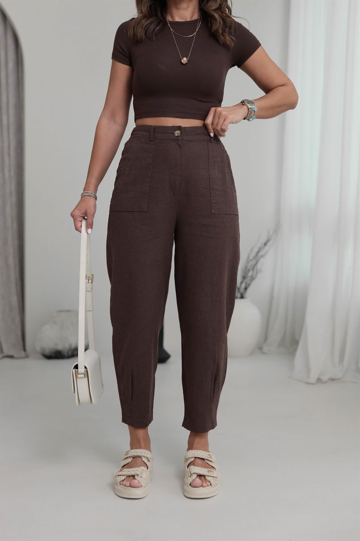 1711 Paçası Pensli Yan Cepli Keten Pantolon ACI KAHVE