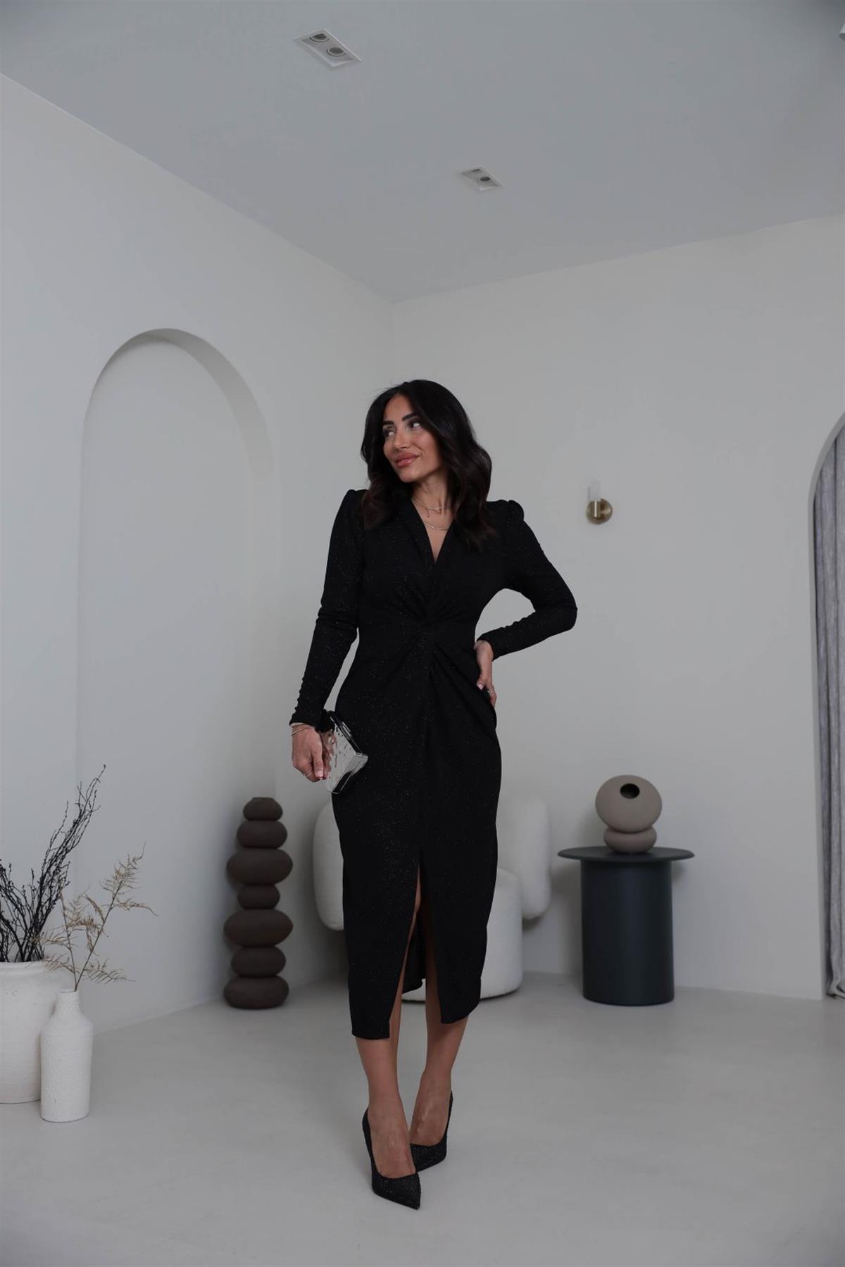 3633 Simli Likralı Düğüm Detay Midi Elbise SİYAH