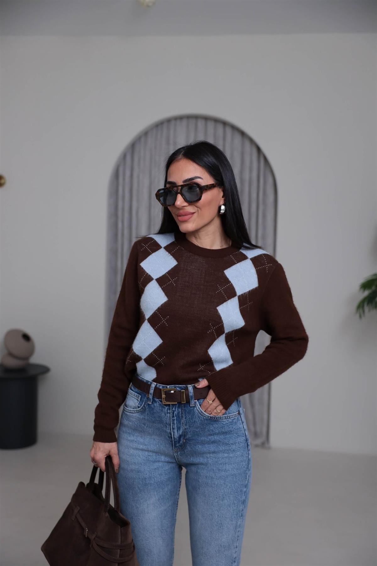 9104 Bisiklet Yaka Baklava Desen Triko Kazak ACI KAHVE