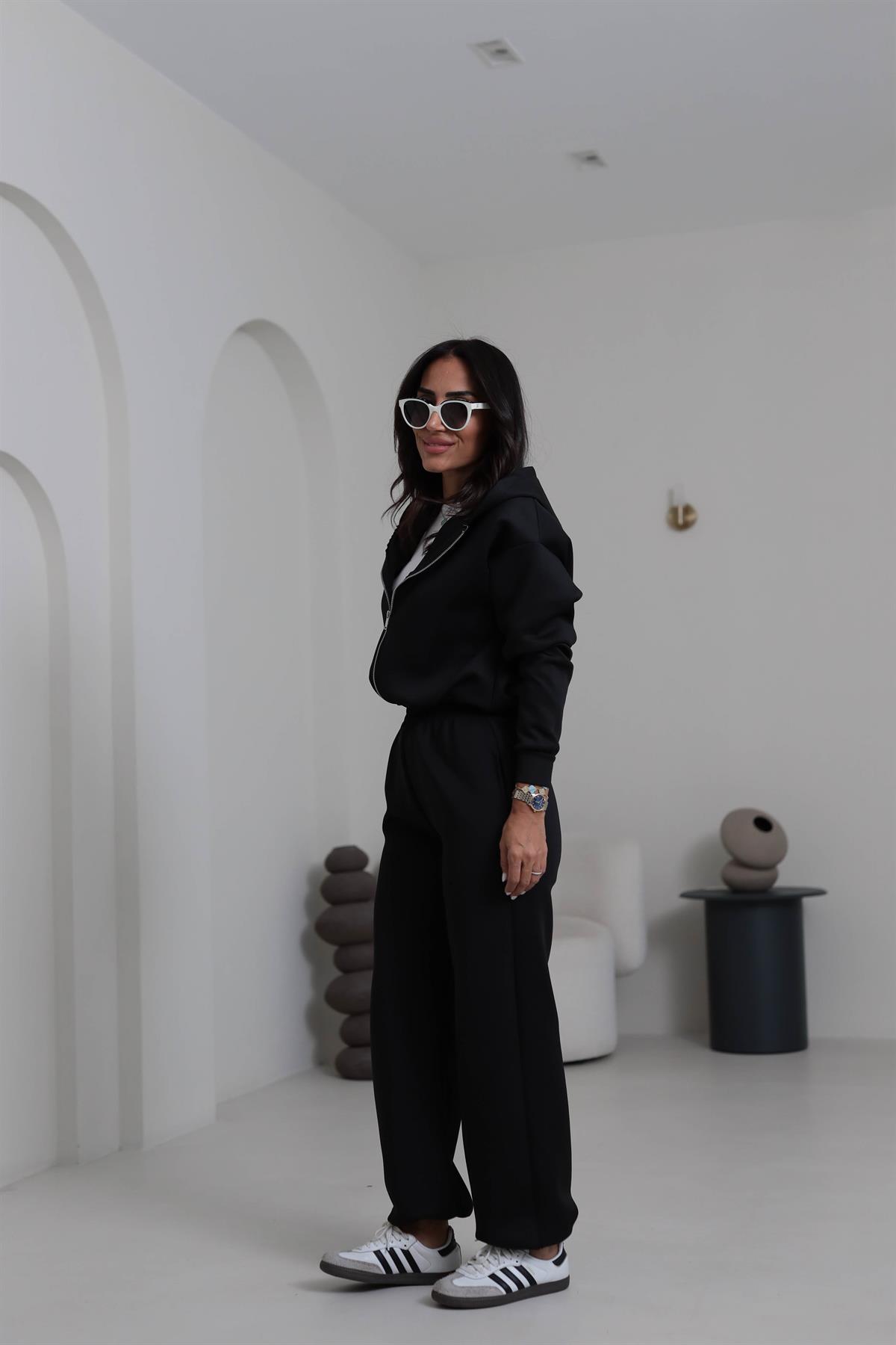 4202 Kapşonlu Büzgü Detay Scuba Takım SİYAH