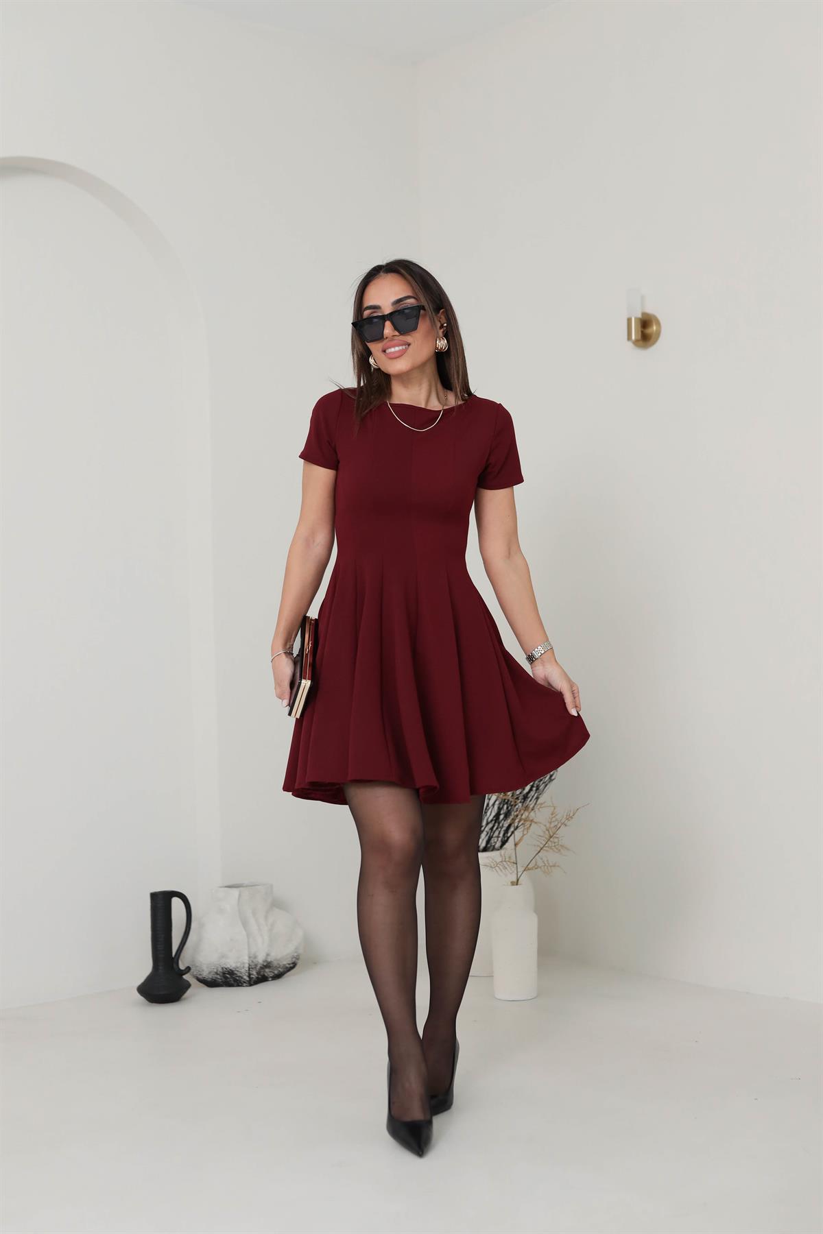 3680 Likralı Kısa Kol Kloş Elbise BORDO
