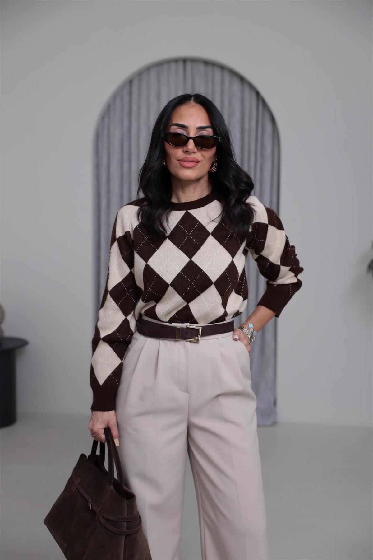 0112 Bisiklet Yaka Baklava Desen Kazak BEJ-KAHVE