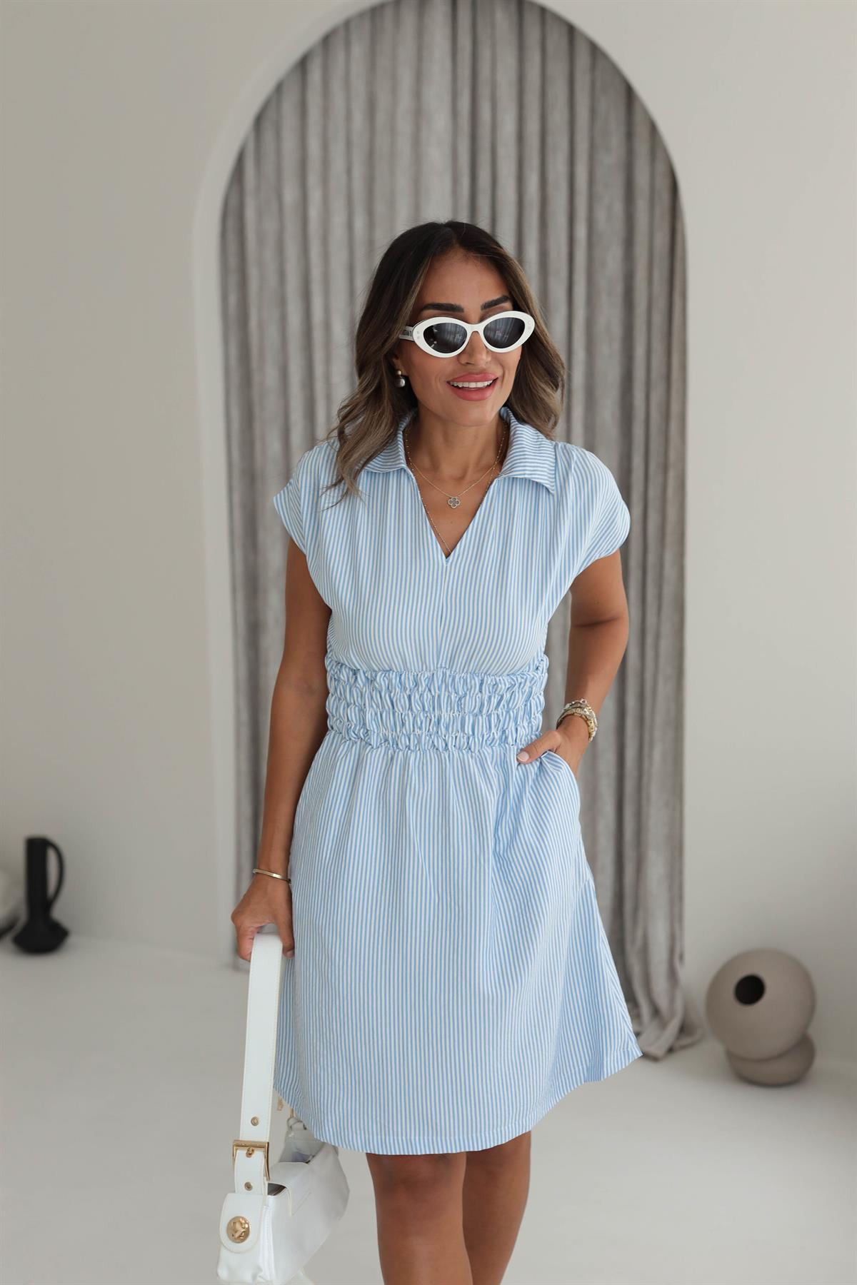 6127 Bel Lastikli Çizgili Gömlek Elbise