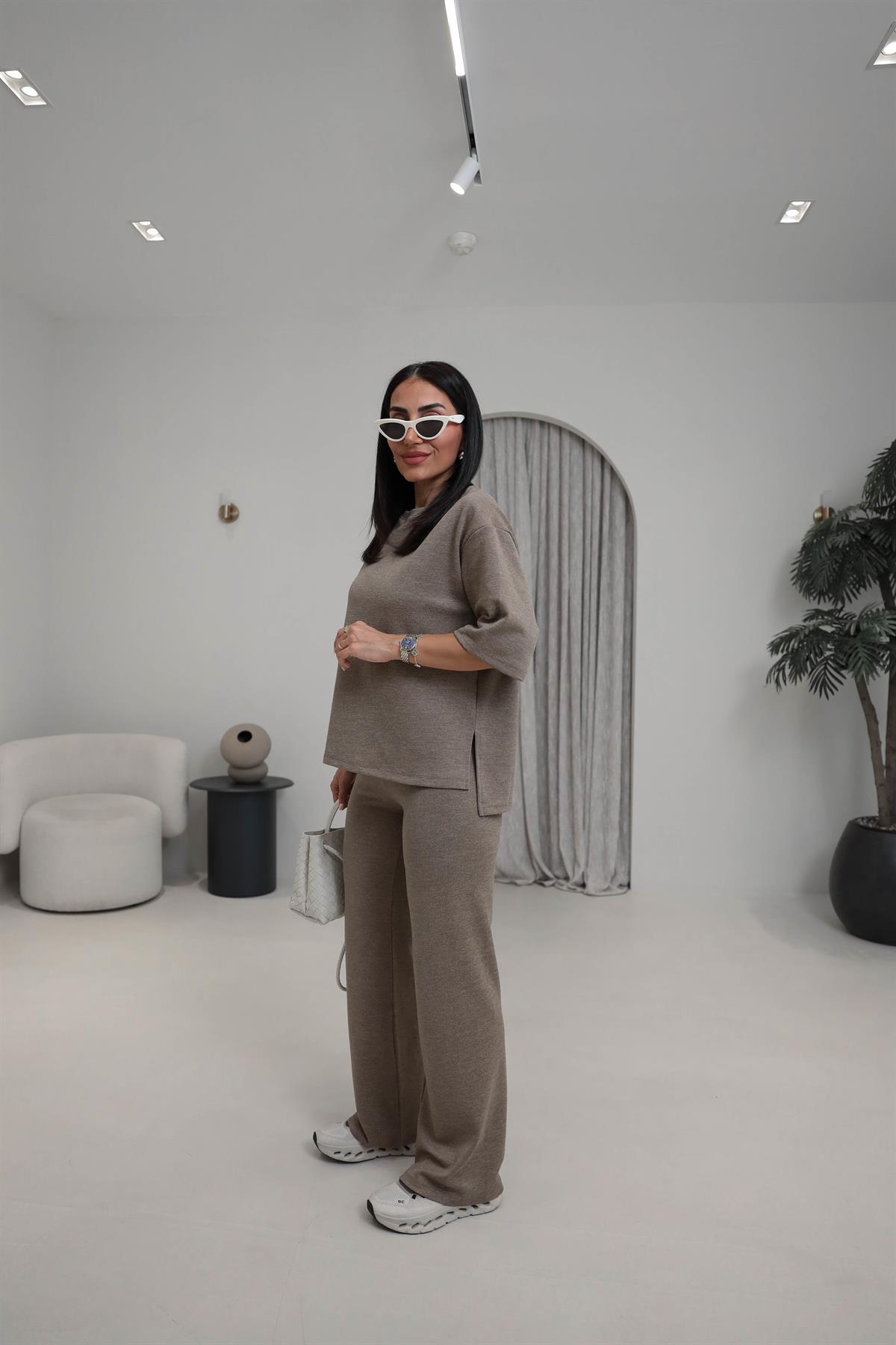 1881 Dokulu Pamuklu Tshirt Pantolon Takım VİZON