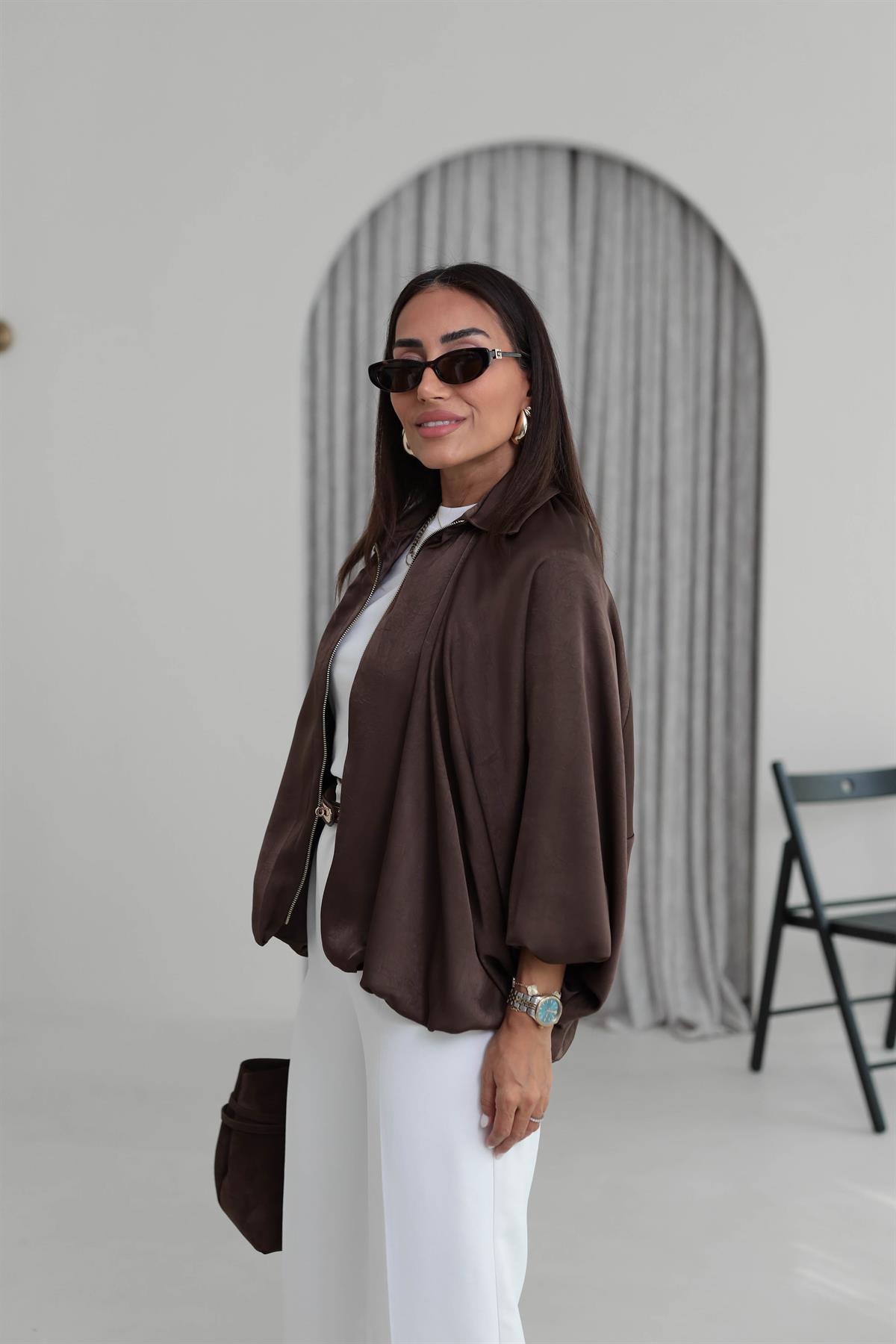 9584 Kendinden Desenli Saten Bomber Ceket KAHVE