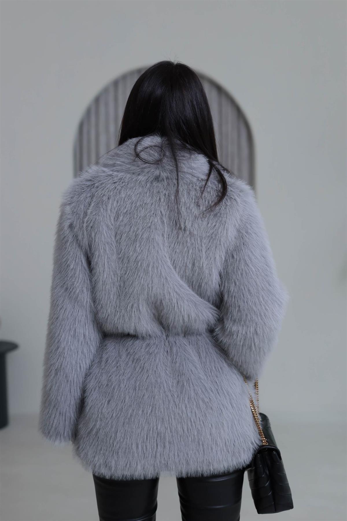 Yakalı Kemerli Suni Kürk Kaban GRİ