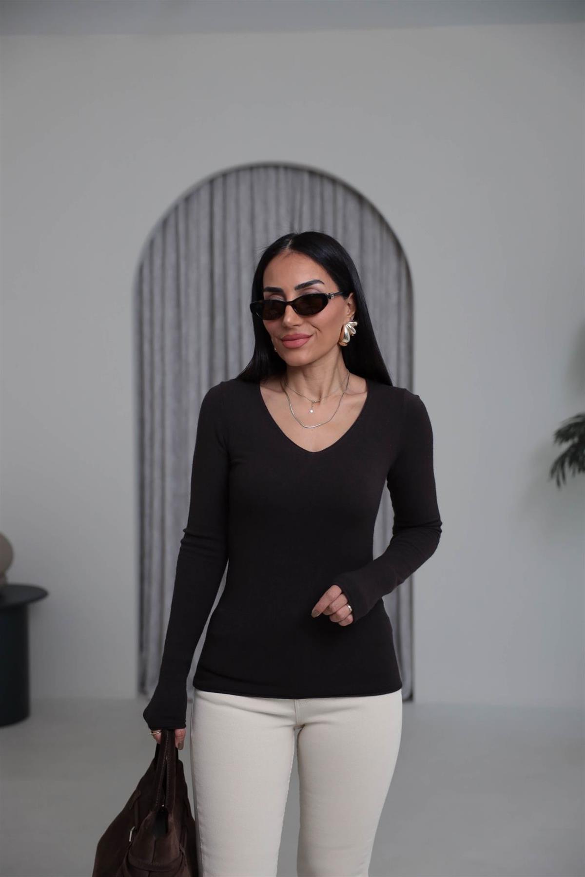 0842 V Yaka Kaşmirli Triko Bluz ACI KAHVE