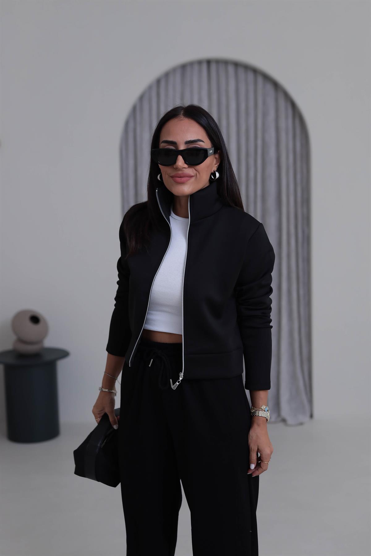 7013K Fermuarlı Scuba Kısa Ceket SİYAH