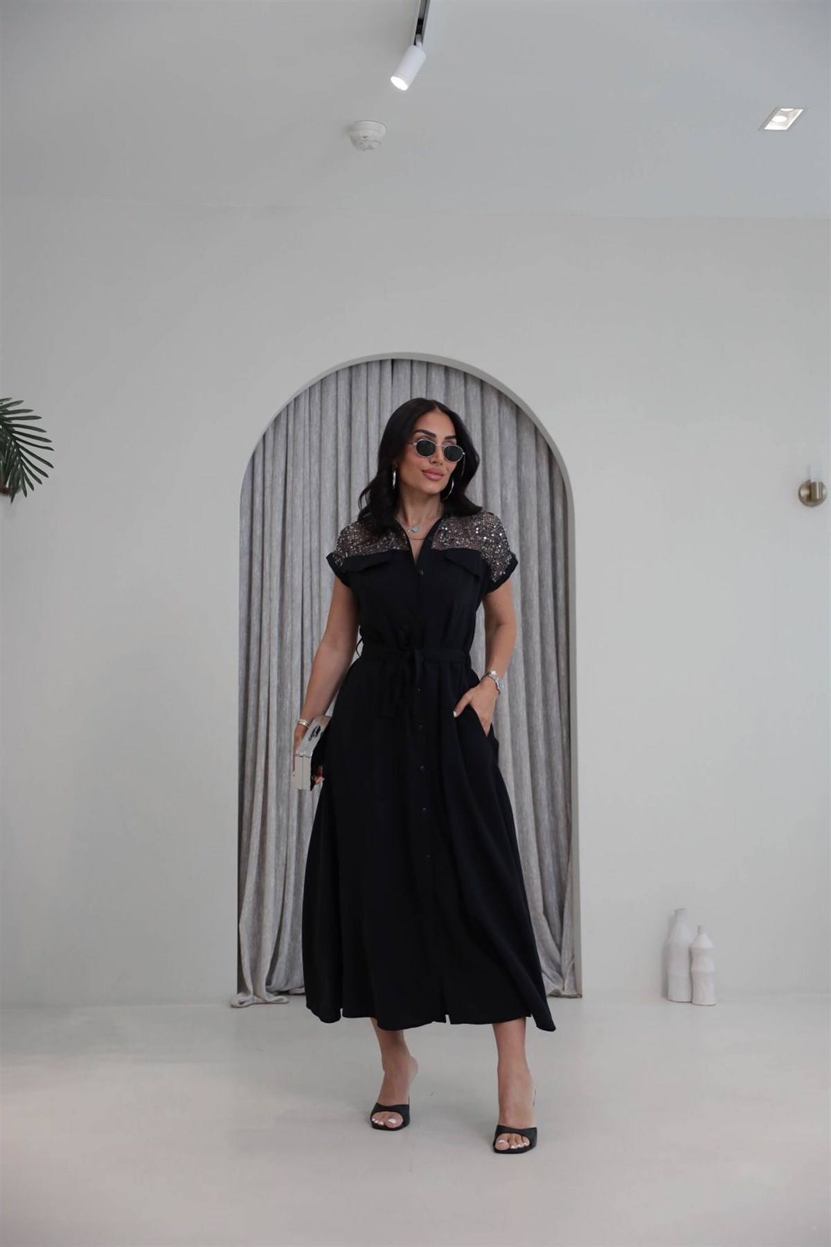 7184 Pul ve File Detaylı Tencel Kumaş Elbise SİYAH