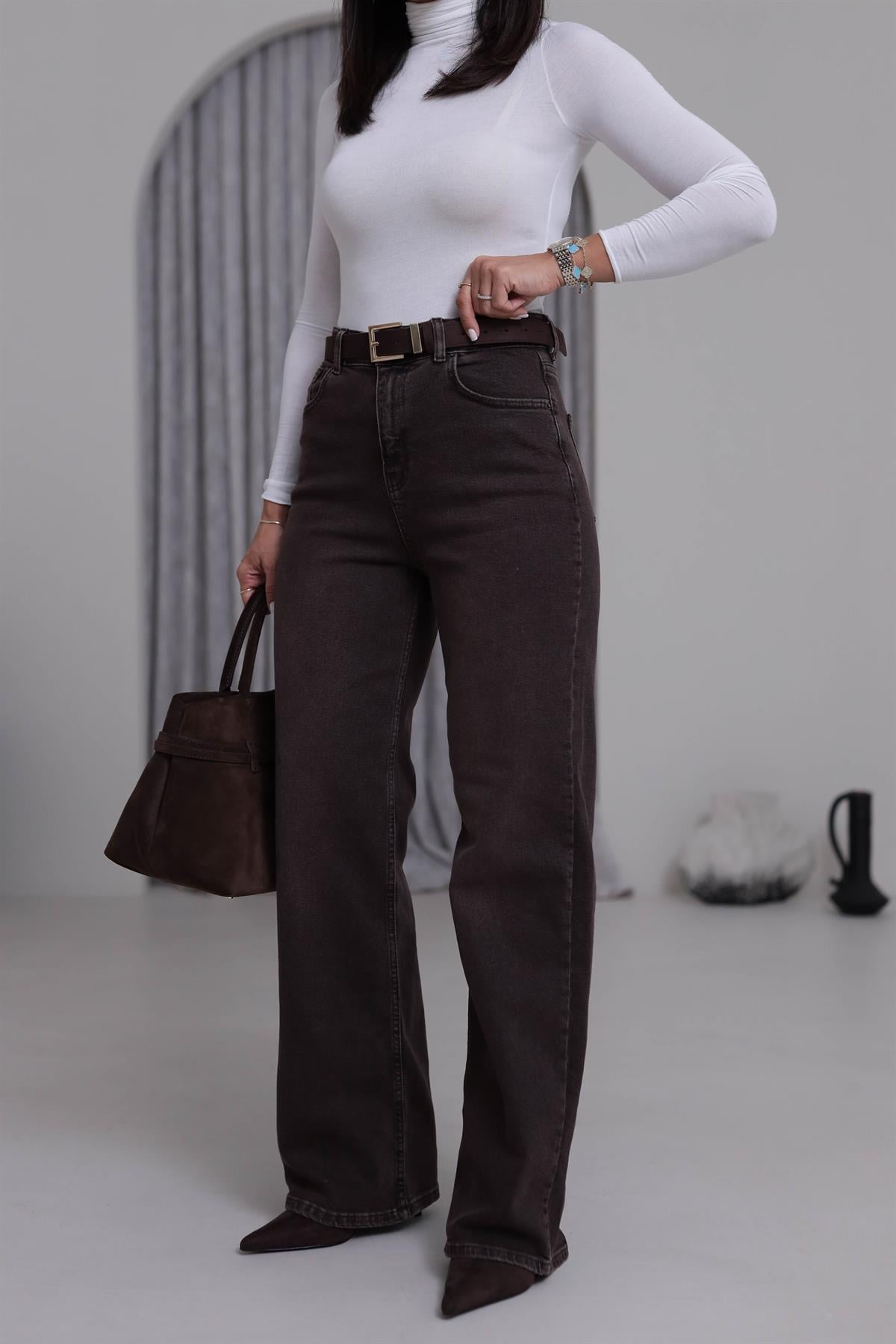 1071 Yüksek Bel Dökümlü Palazzo Jean ACI KAHVE