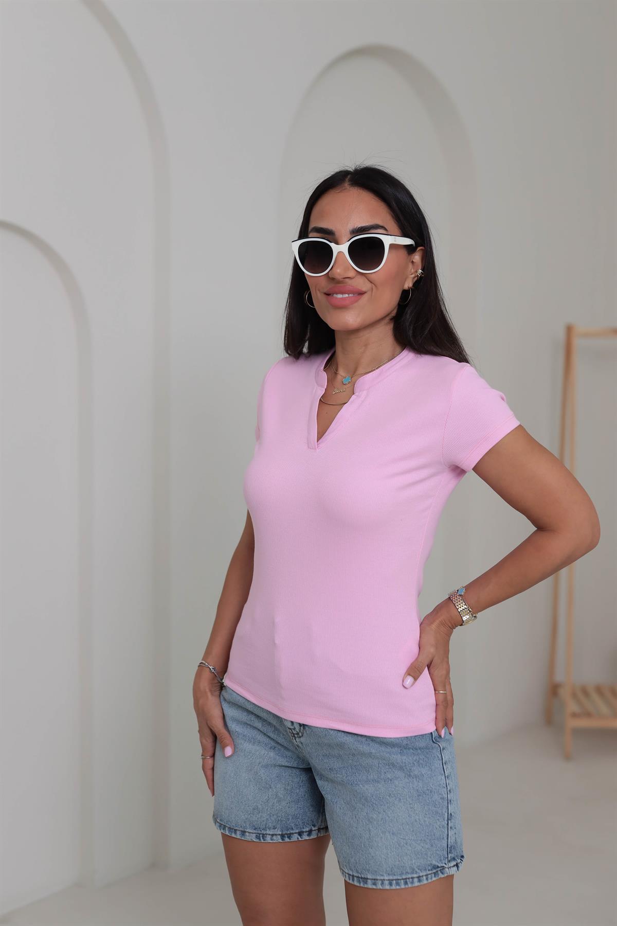 6773 Ribanalı V Yaka Kısa Kol Bluz PEMBE
