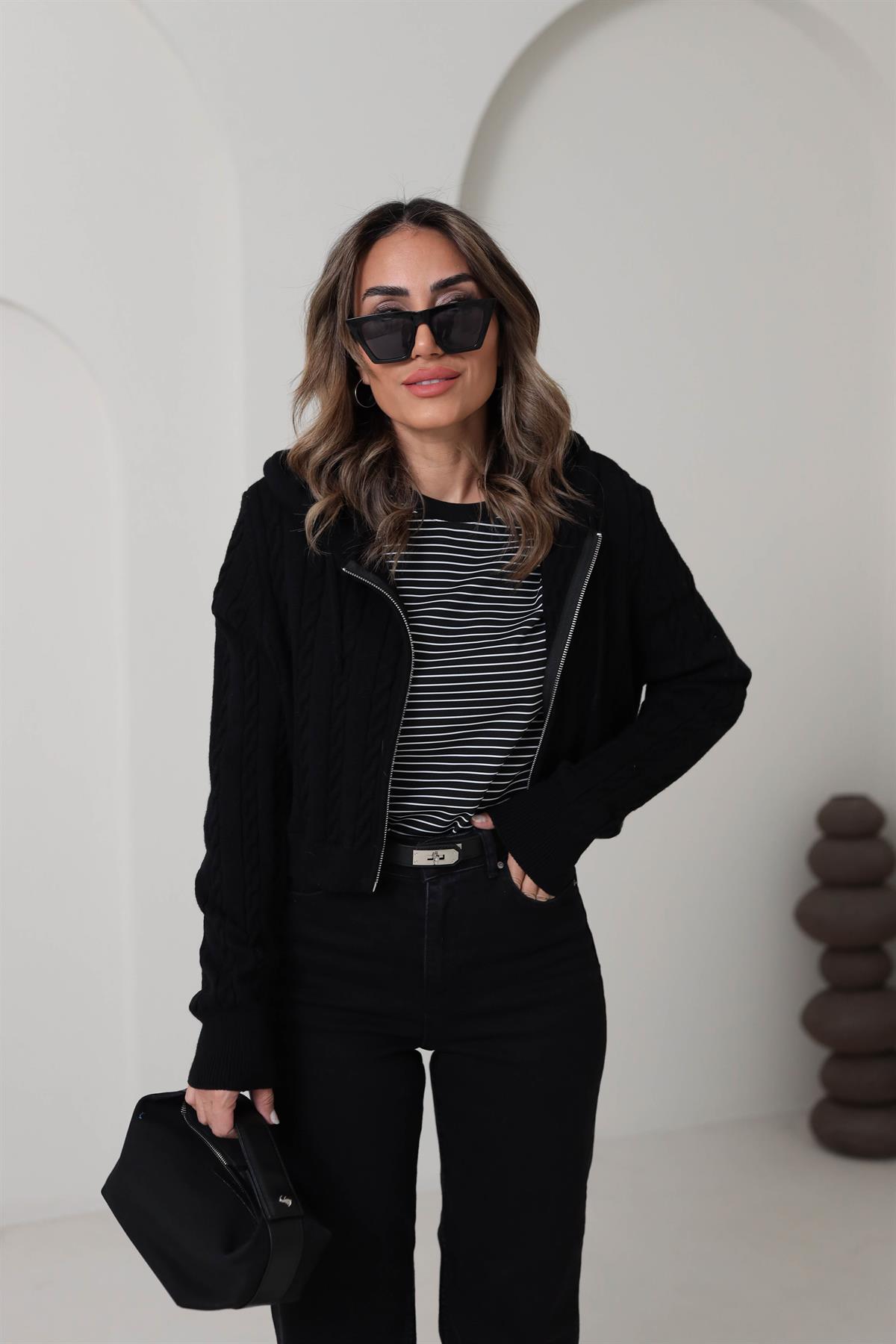 5199 Kapşonlu Fermuarlı Yumuşak Doku Hırka SİYAH