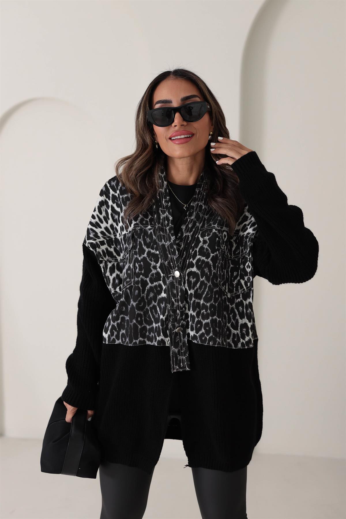 4139 Tasarım Triko ve Kot Garnili Ceket Hırka LEOPAR SİYAH