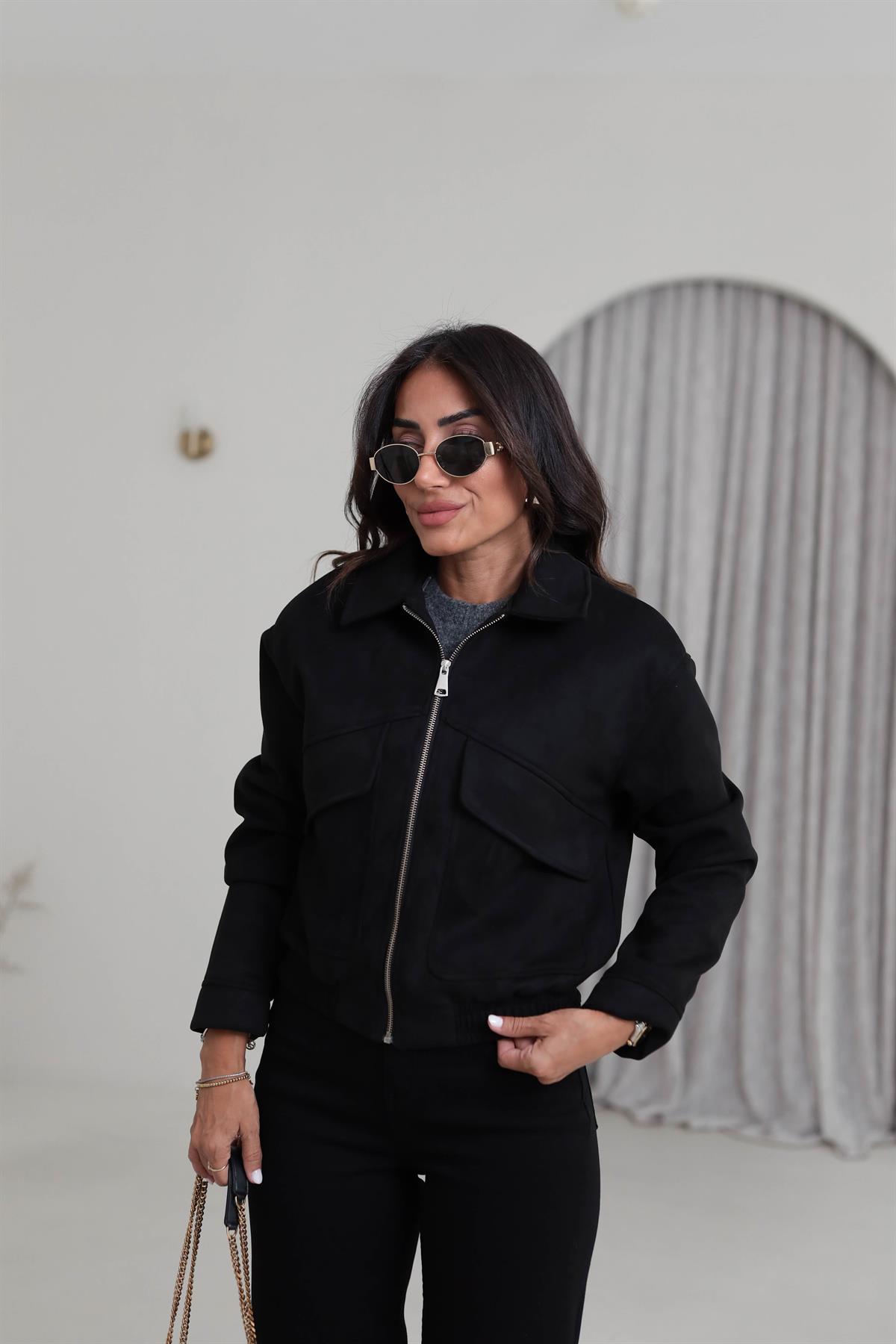 9730 Cep Detaylı Bel Lastikli Süet Bomber SİYAH