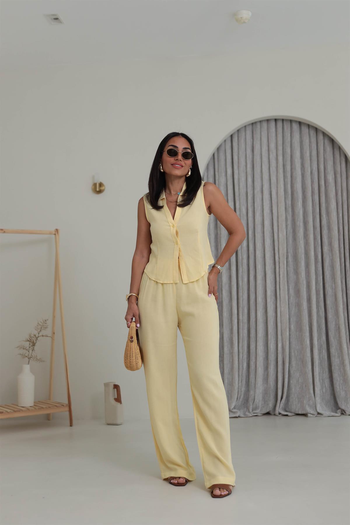 0474 Polo Yaka Yelek & Pantolon Keten Takım SARI