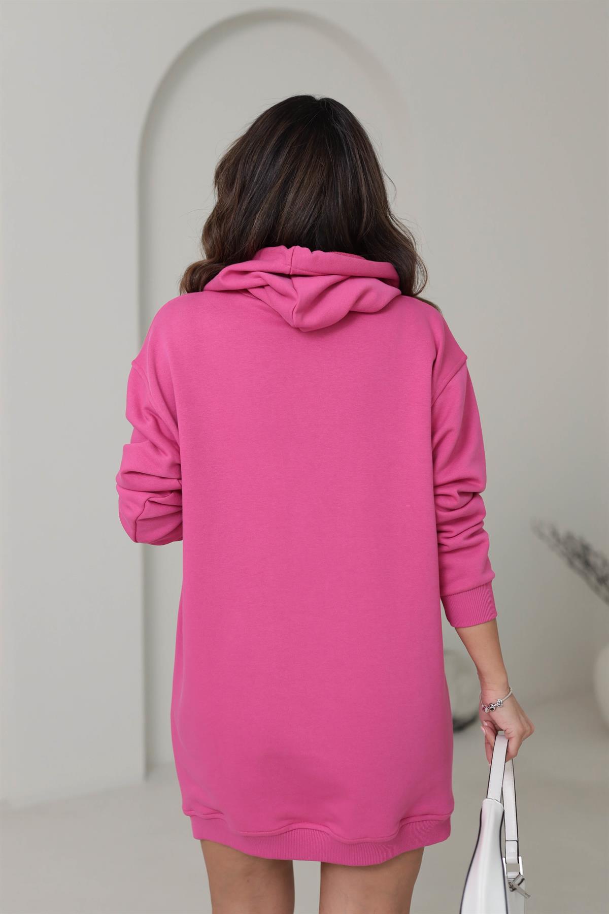 1231 Kapşonlu Sweat Elbise FUŞYA