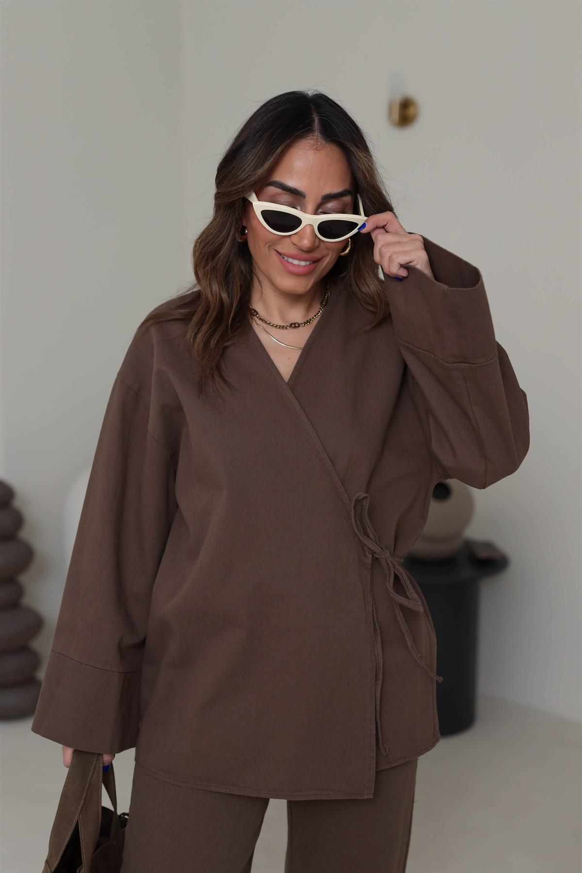 8629 Duble Kol Önden Bağlamalı Ceket & Pantolon Takım KAHVE