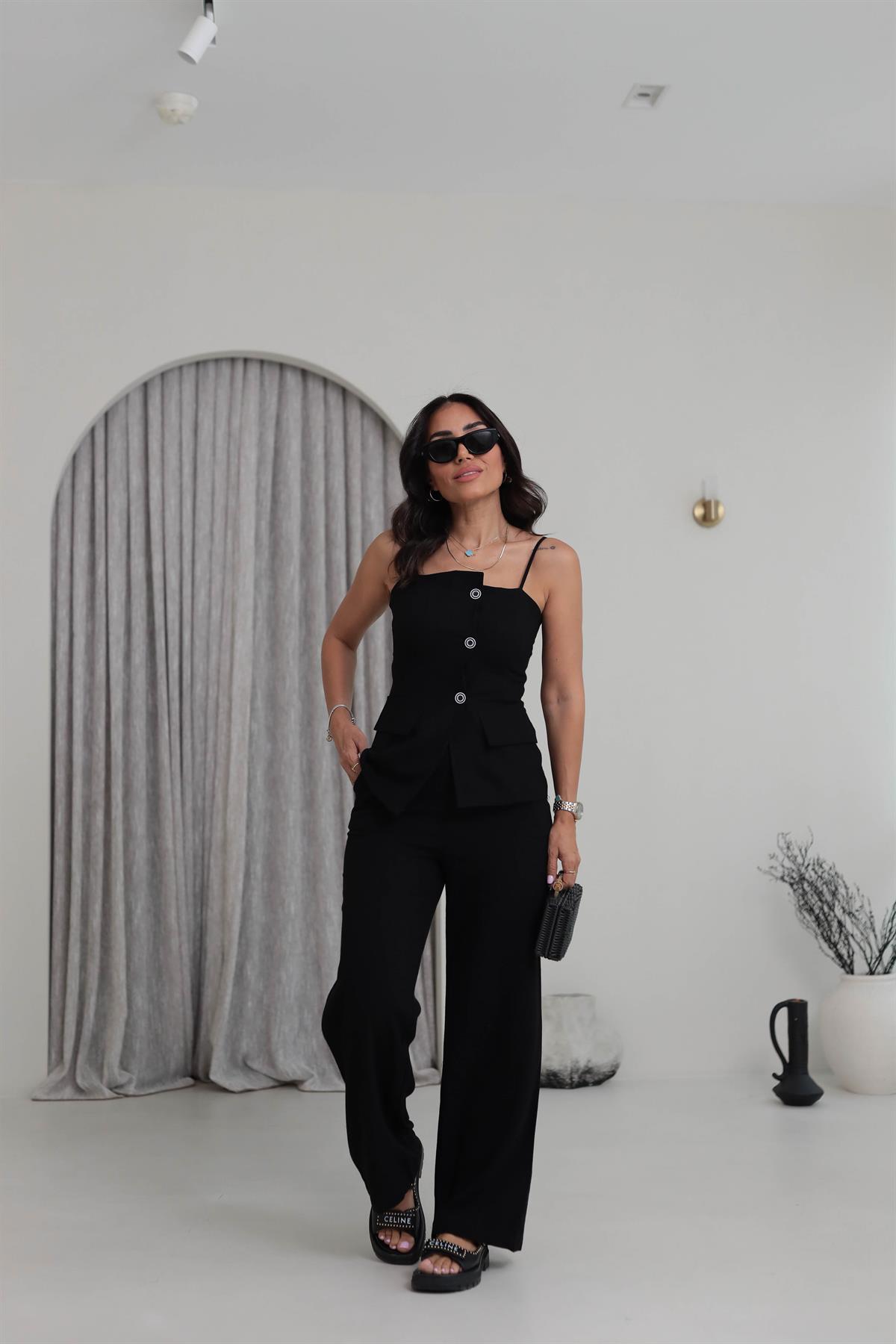 0288 Askıları Ayarlanabilir Tencel Keten Yelek & Pantolon Takım SİYAH