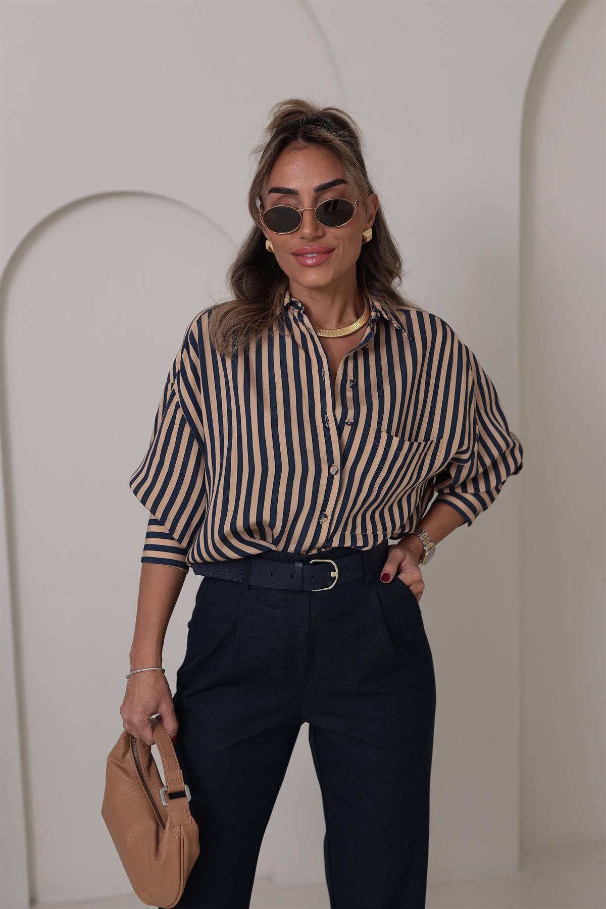 4969 Çizgili Rahat Viskon Gömlek LACİ-CAMEL