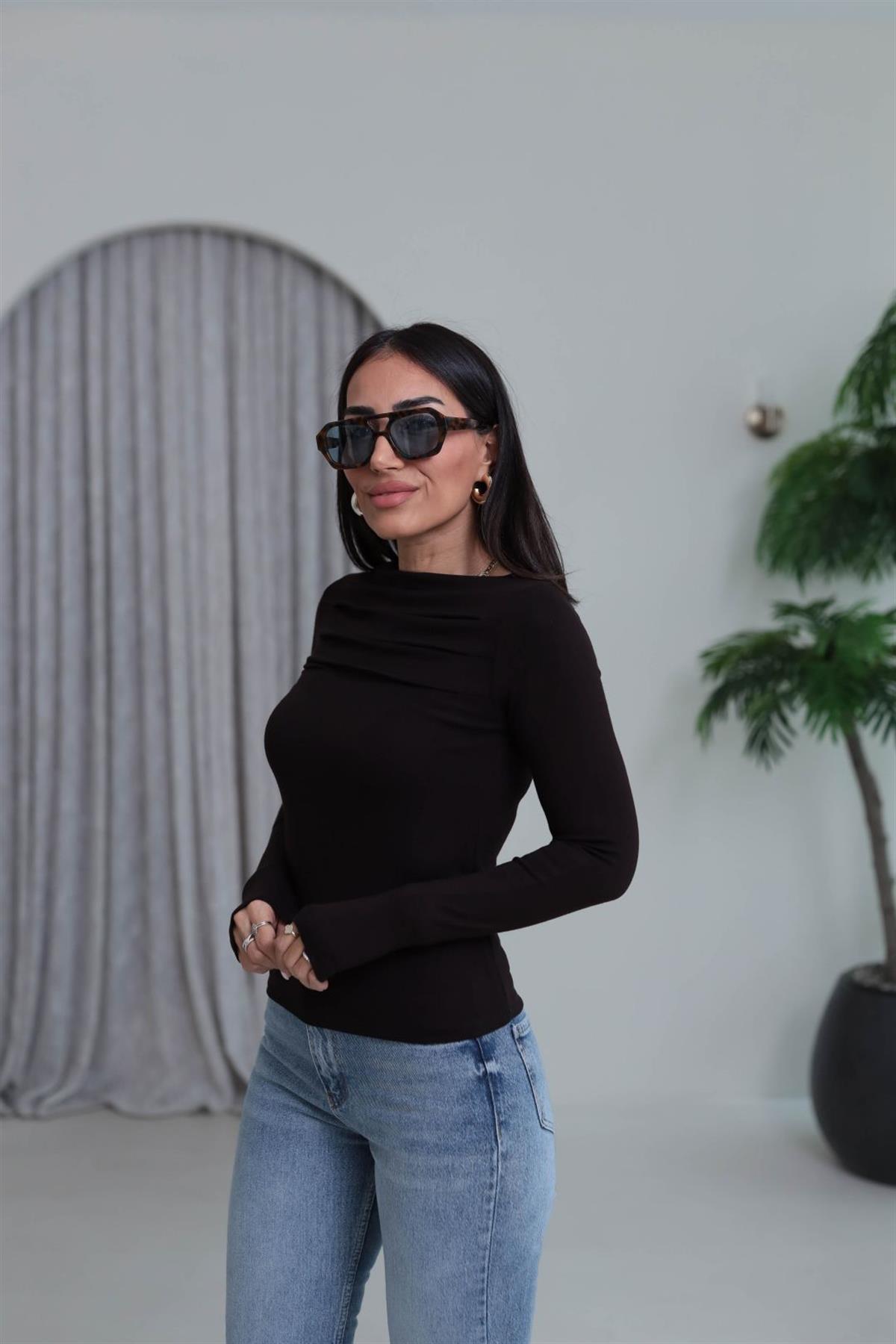 6504 Önü Pileli Viskon Bluz KAHVE