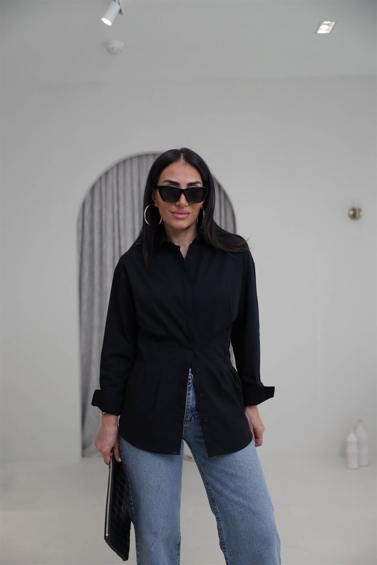 3013 Belden Oturtmalı Poplin Gömlek SİYAH