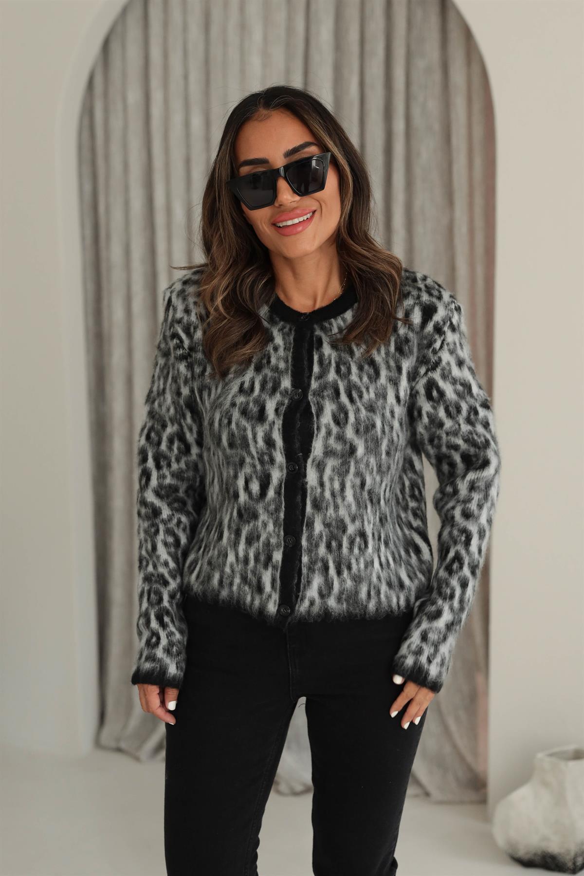 0108 Leopar Desen Şardonlu Massi Hırka Ceket GRİ