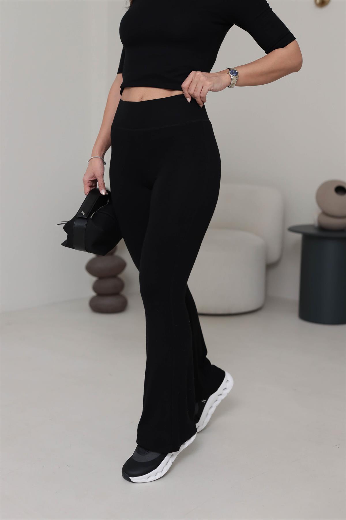 4135 Geniş Kemerli İspanyol Paça Pamuklu Pantolon SİYAH