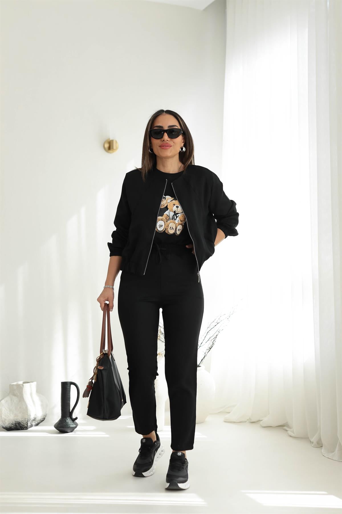 3193 Fermuar Ve Önü Lastik Detaylı Tencel Kumaş Takım SİYAH