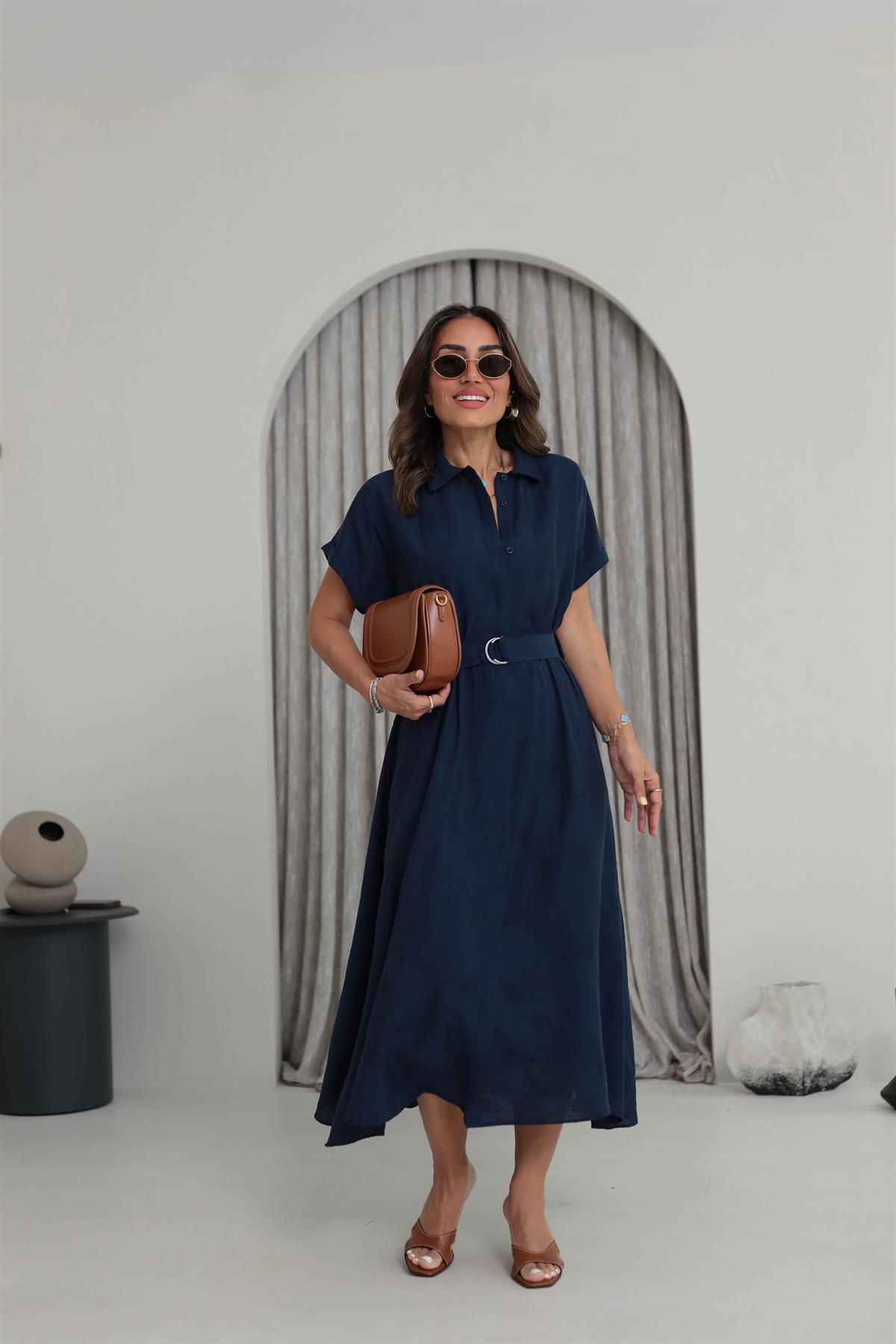 5214 Kendinden Desenli Kuşaklı Uzun Gömlek Elbise LACİVERT