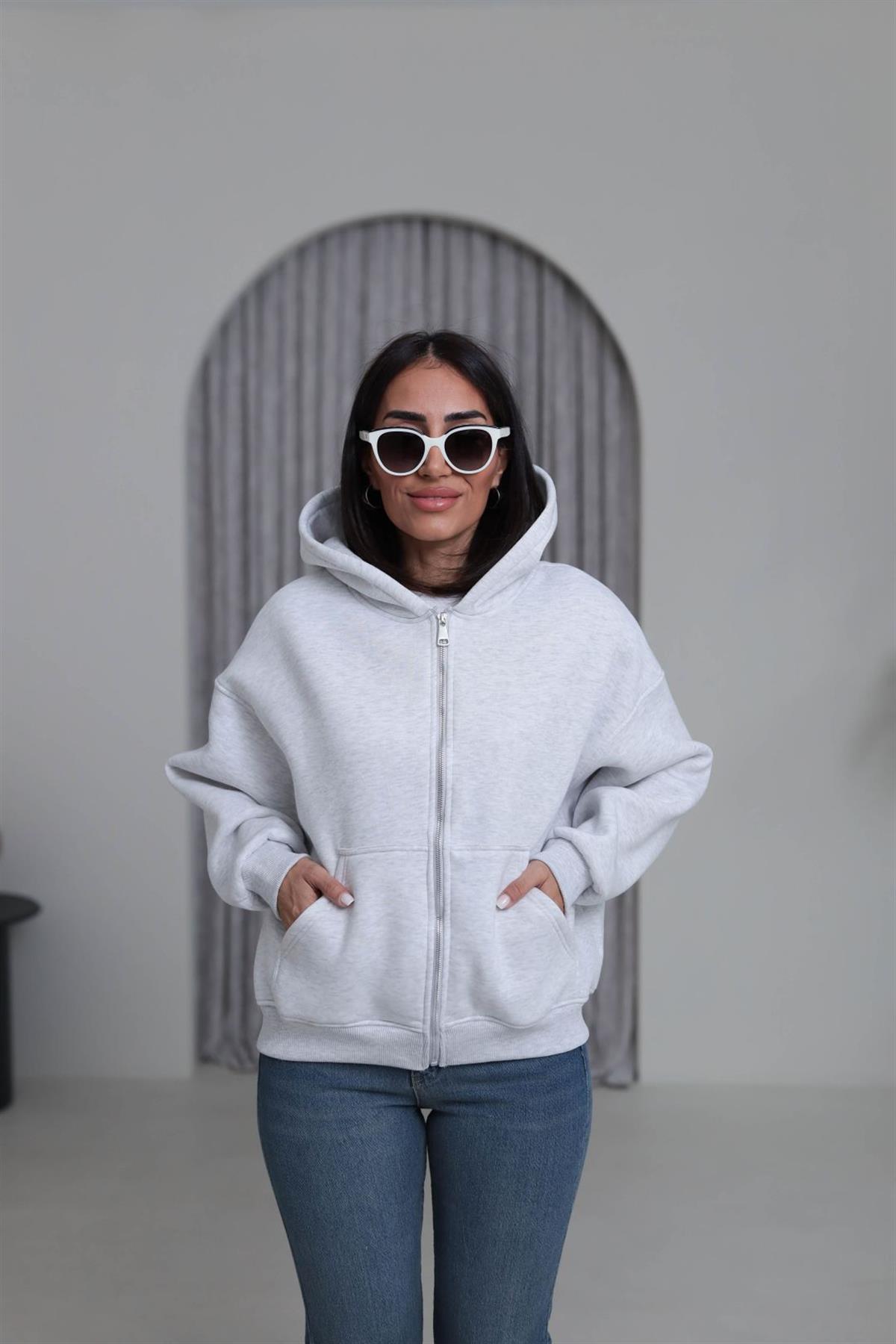 0822 Kapüşonlu Fermuarlı Şardonlu Sweatshirt GRİ