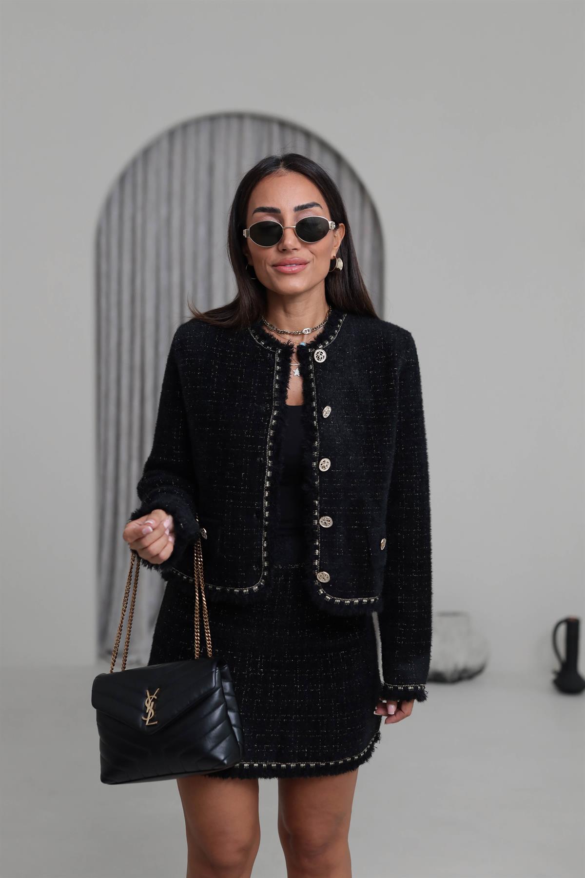 0420 Püskül ve Sim Detaylı Angora Etek SİYAH