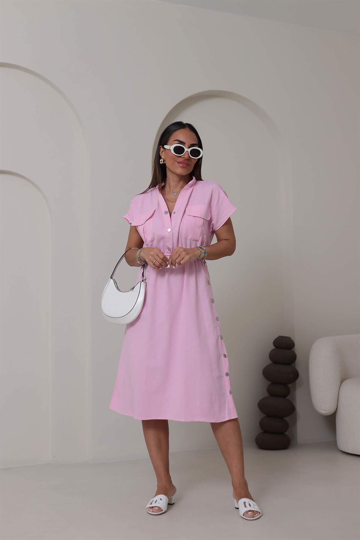 5921 Yan Çıtçıt Detay Elbise PEMBE