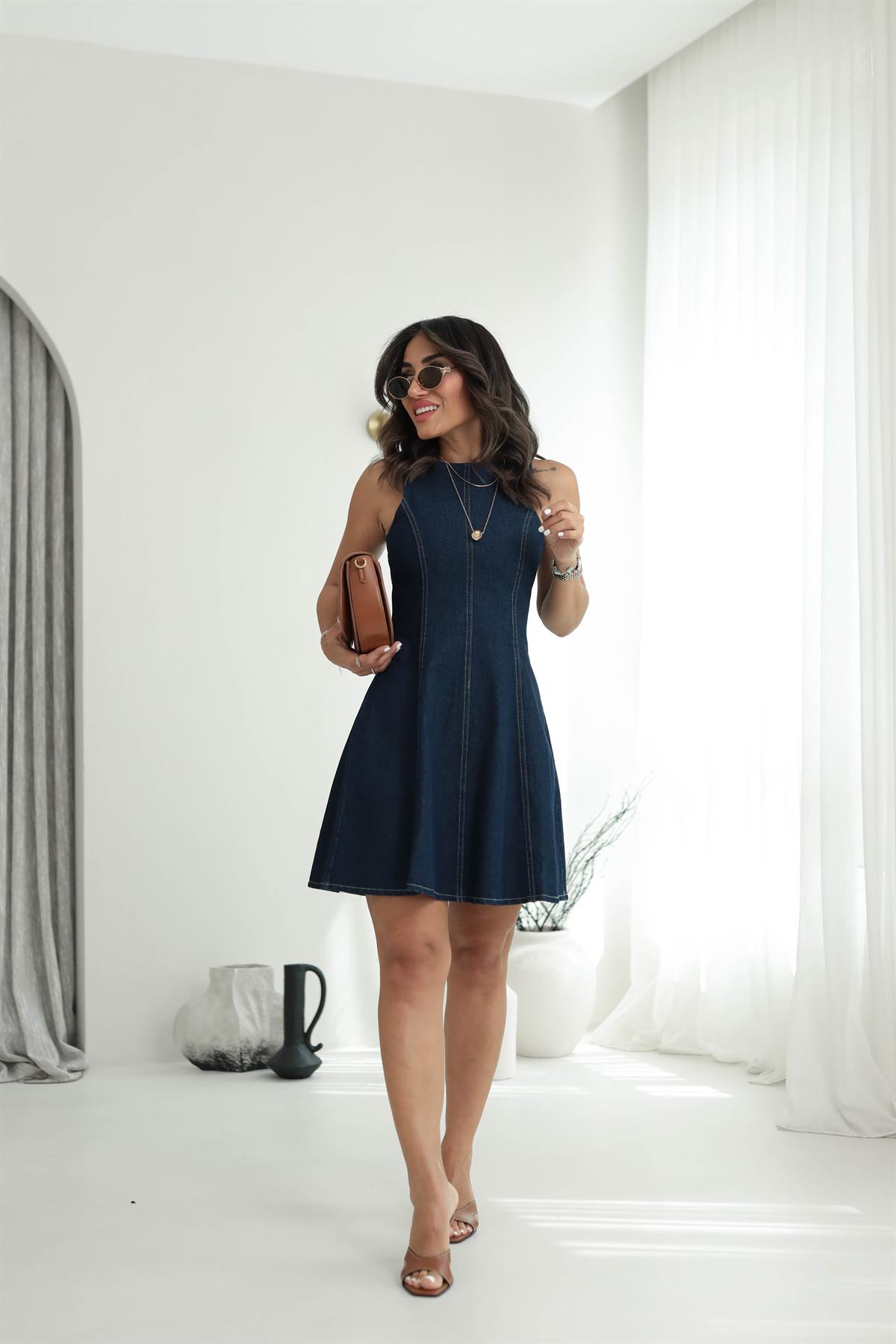 0433 Sıfır Kol Kloş Denim Elbise LACİVERT