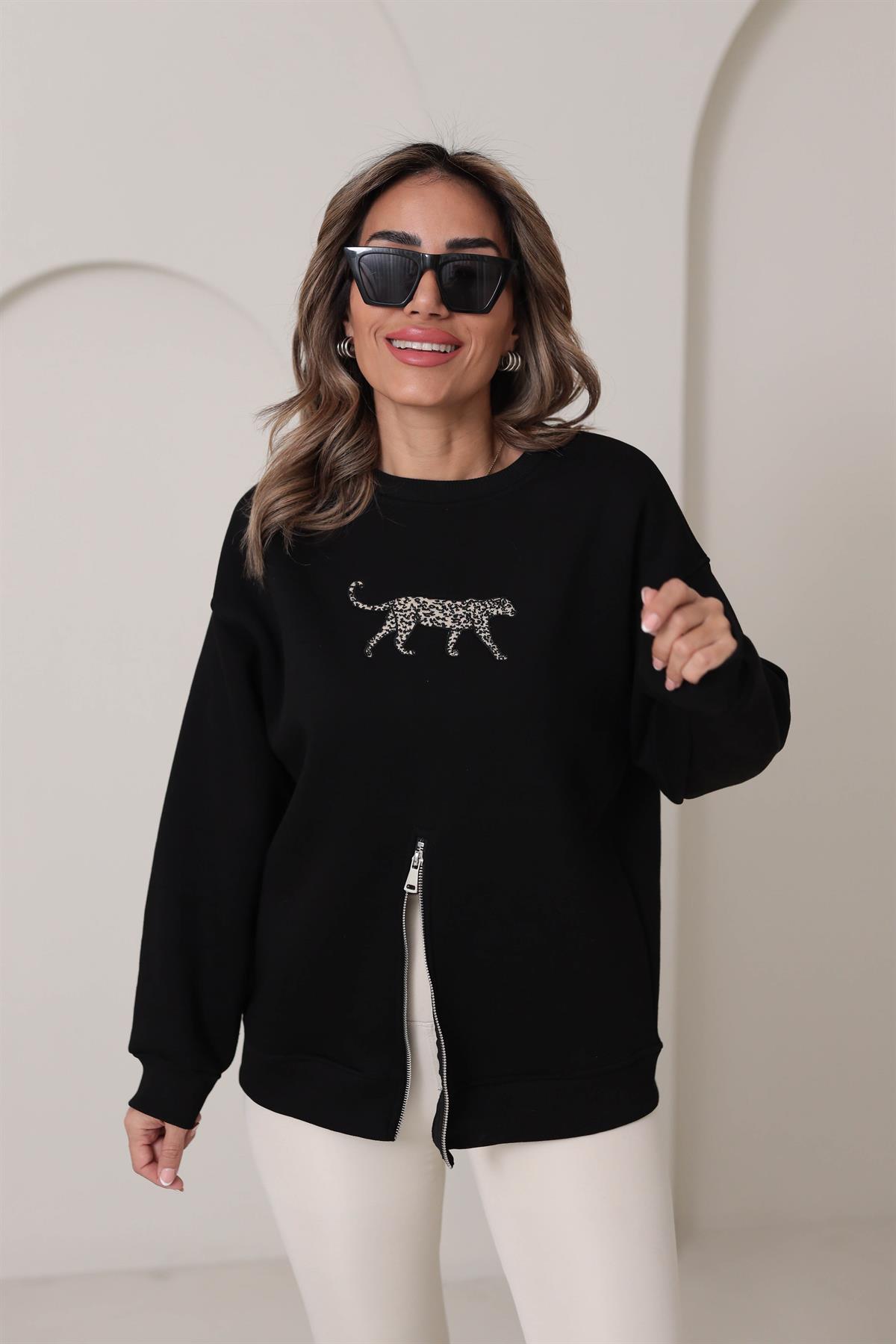5617 Leopar Nakış Yarım Fermuarlı Şardonlu Sweatshirt SİYAH