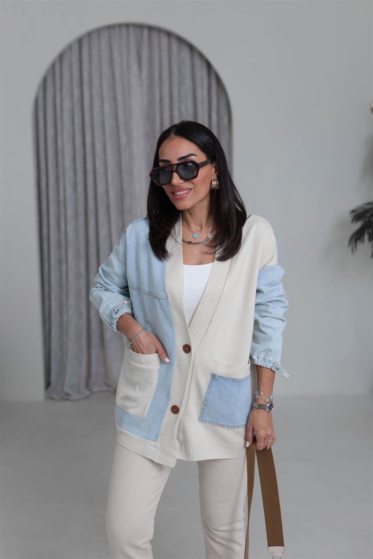 1085 Kot Garnili Cep Detaylı Hırka KREM