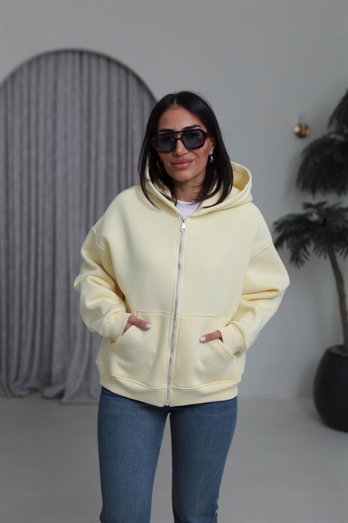 0822 Kapüşonlu Fermuarlı Şardonlu Sweatshirt SARI