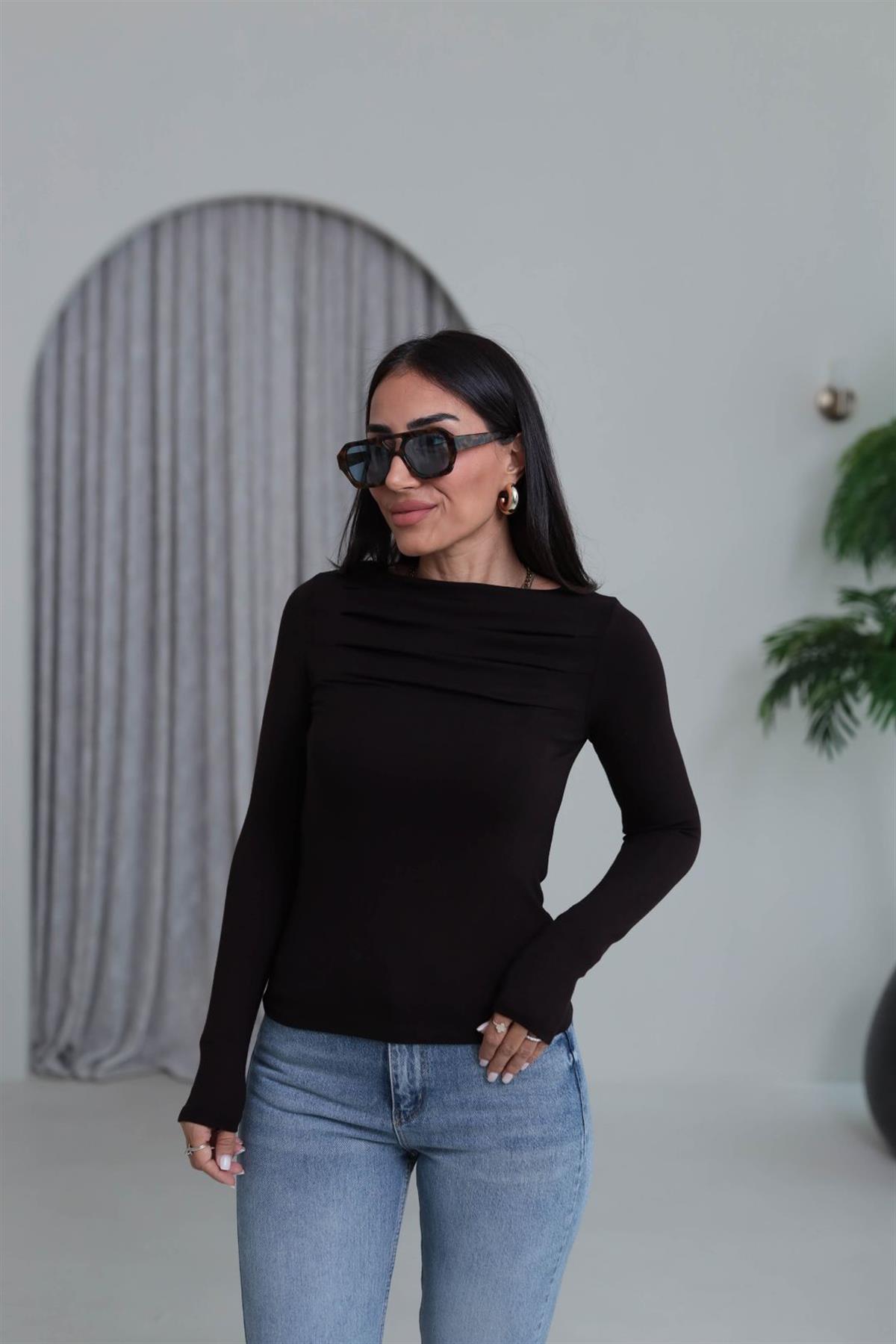 6504 Önü Pileli Viskon Bluz KAHVE