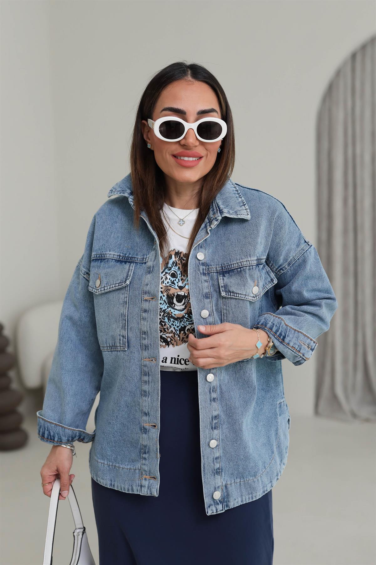 4745 Oval Etek Detaylı Denim Ceket AÇIK MAVİ