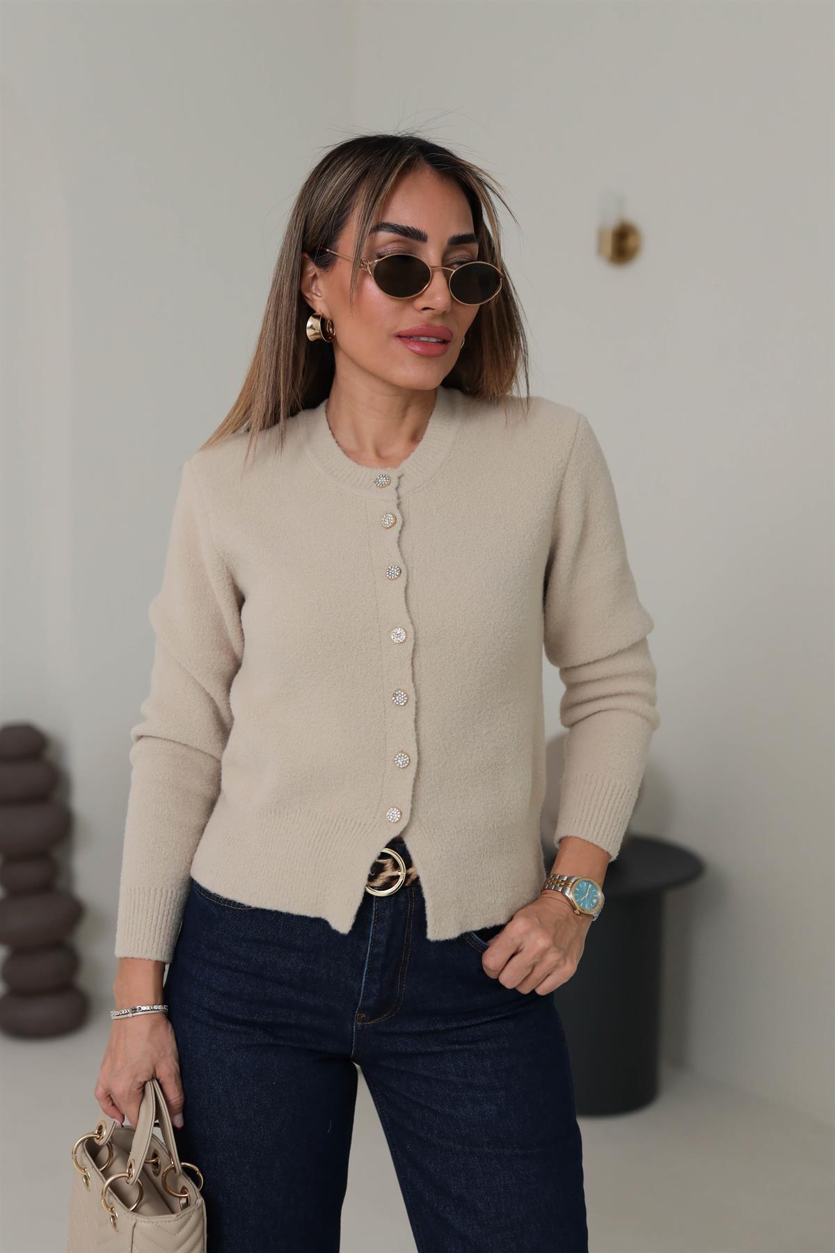 2436 Bisiklet Yaka Taş Düğmeli Yumoş Hırka BEJ